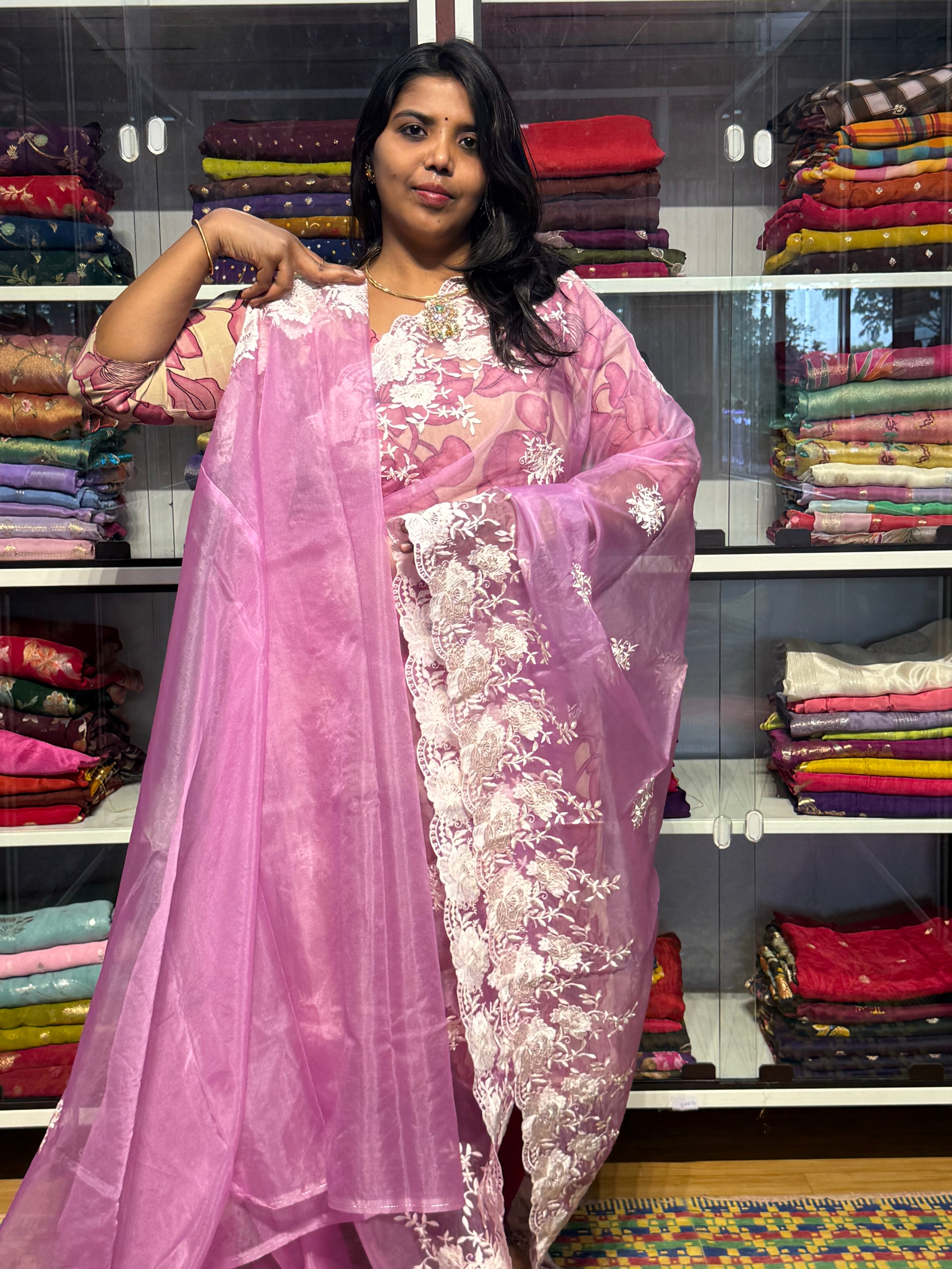 ORGANZA WITH EMBROIDERY BORDER: LILAC
