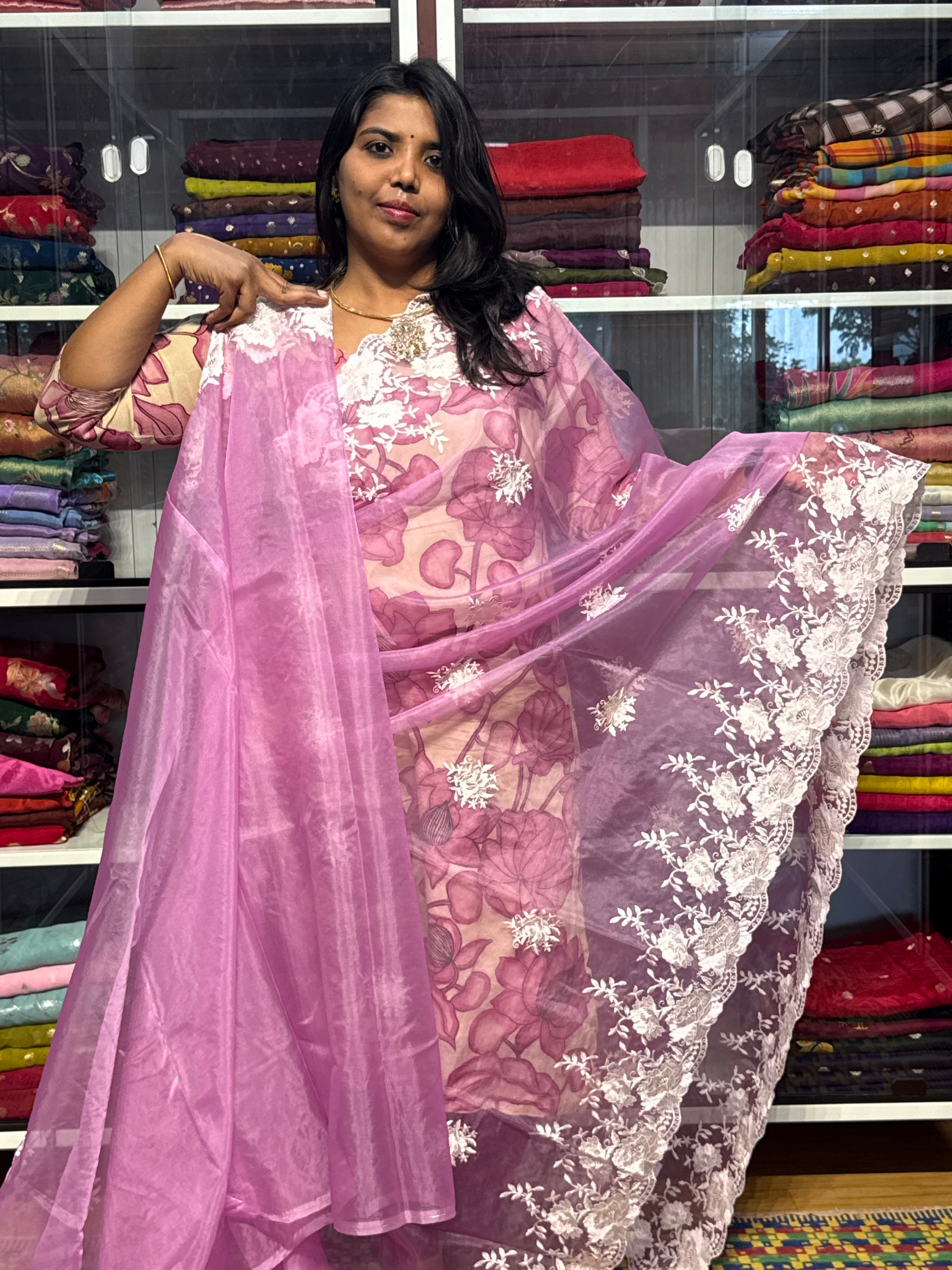 ORGANZA WITH EMBROIDERY BORDER: LILAC