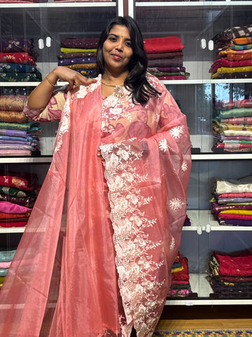 ORGANZA SAREE WITH EMBROIDERY BORDER: PEACH