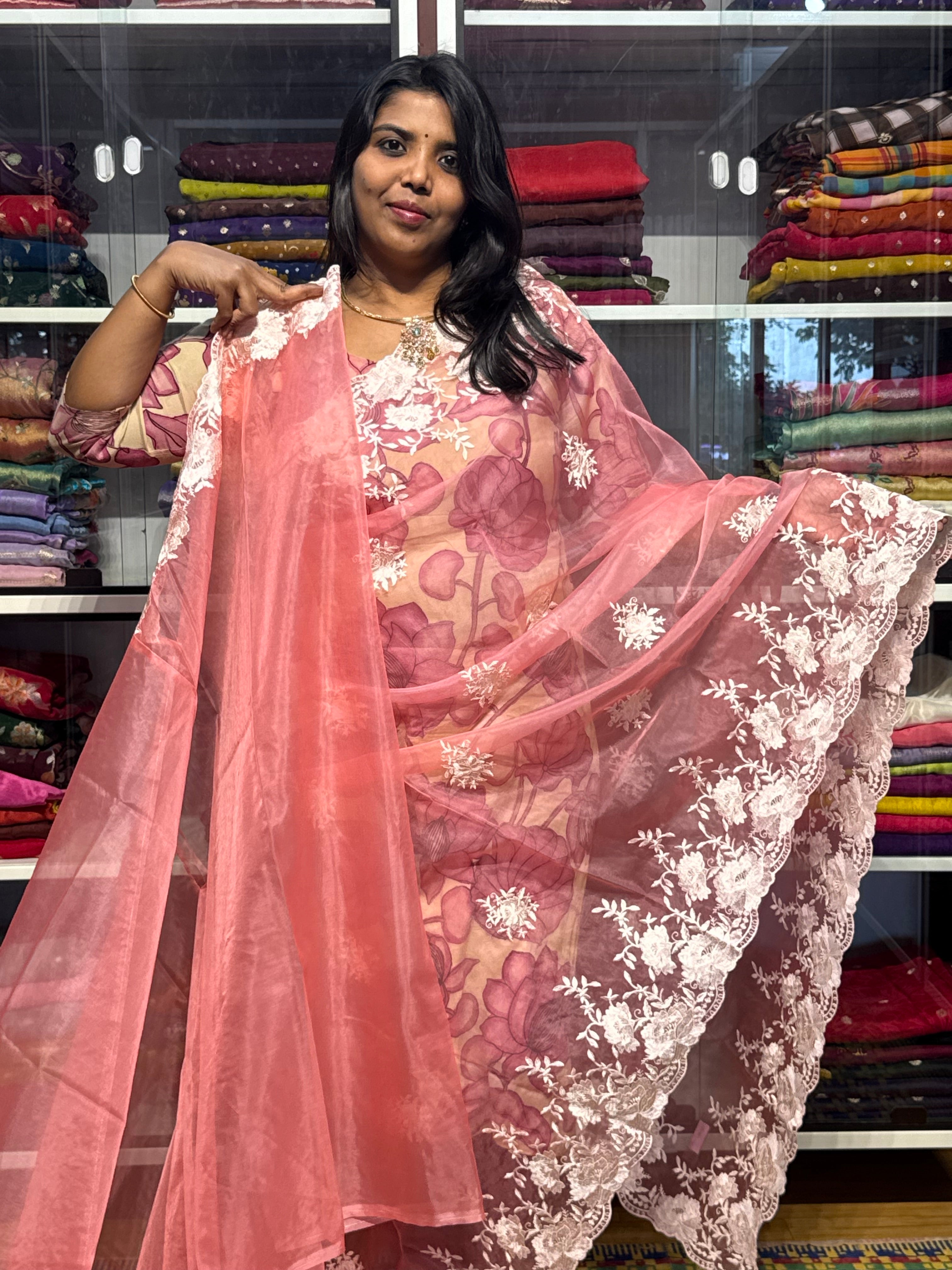 ORGANZA SAREE WITH EMBROIDERY BORDER: PEACH