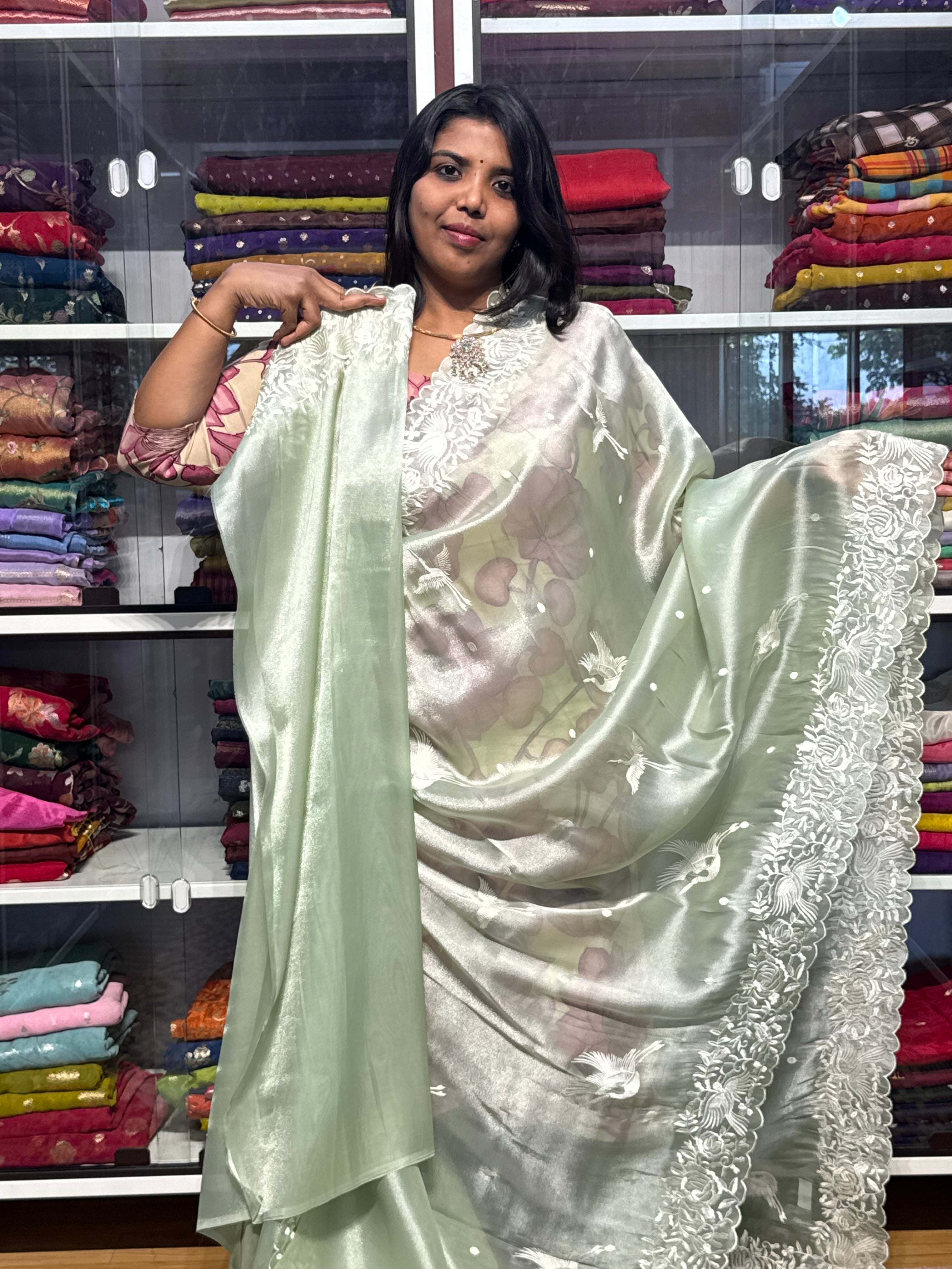 1 GM TISSUE SILK WITH SWANS EMBROIDERY: PISTA