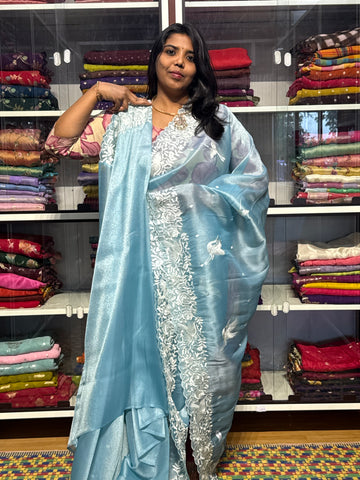 1 GM TISSUE SILK WITH SWANS EMBROIDERY: SKY BLUE
