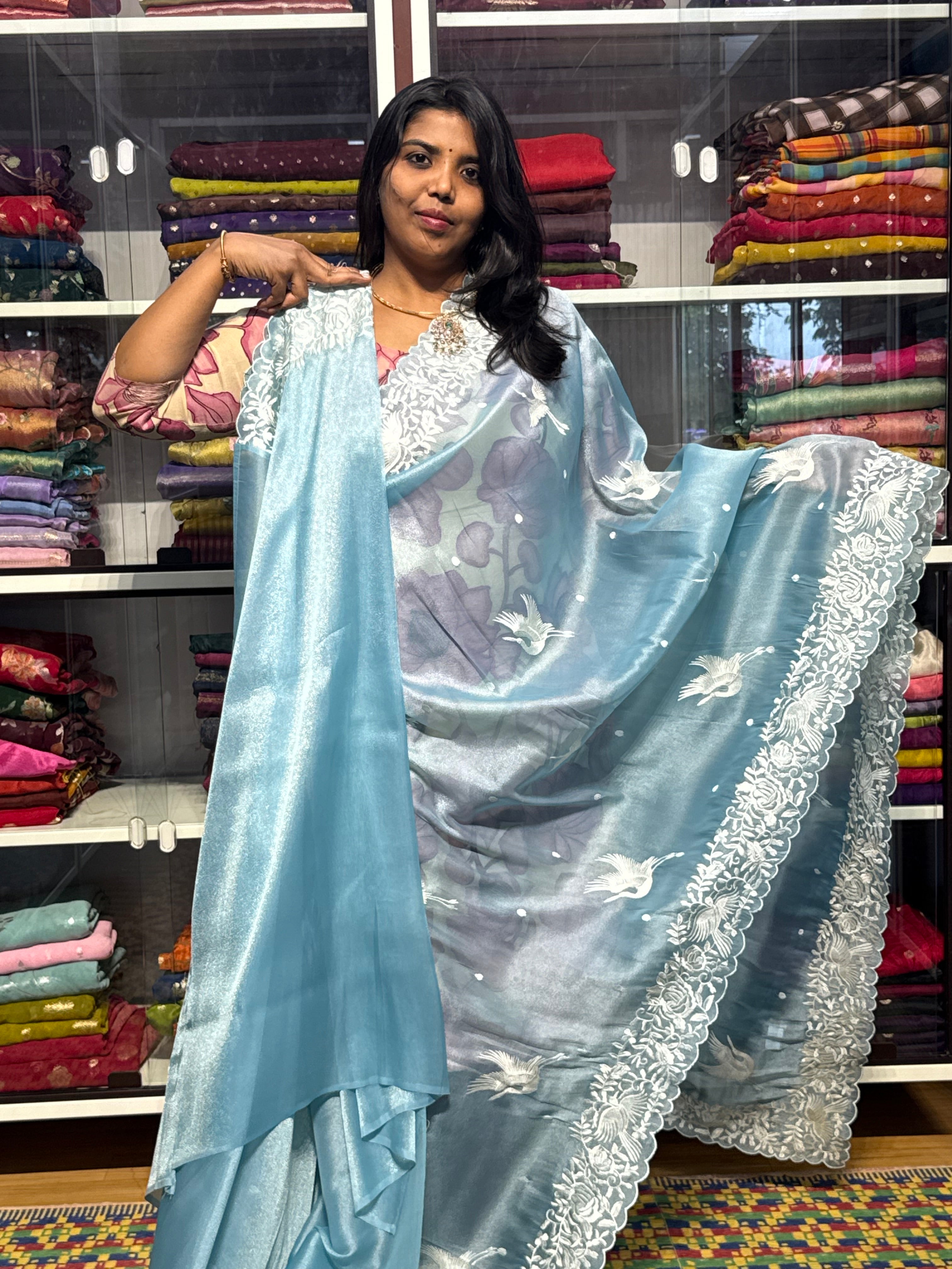 1 GM TISSUE SILK WITH SWANS EMBROIDERY: SKY BLUE