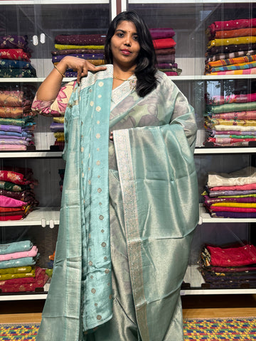 TISSUE SAREE WITH DESIGNER LACE: SEA GREEN