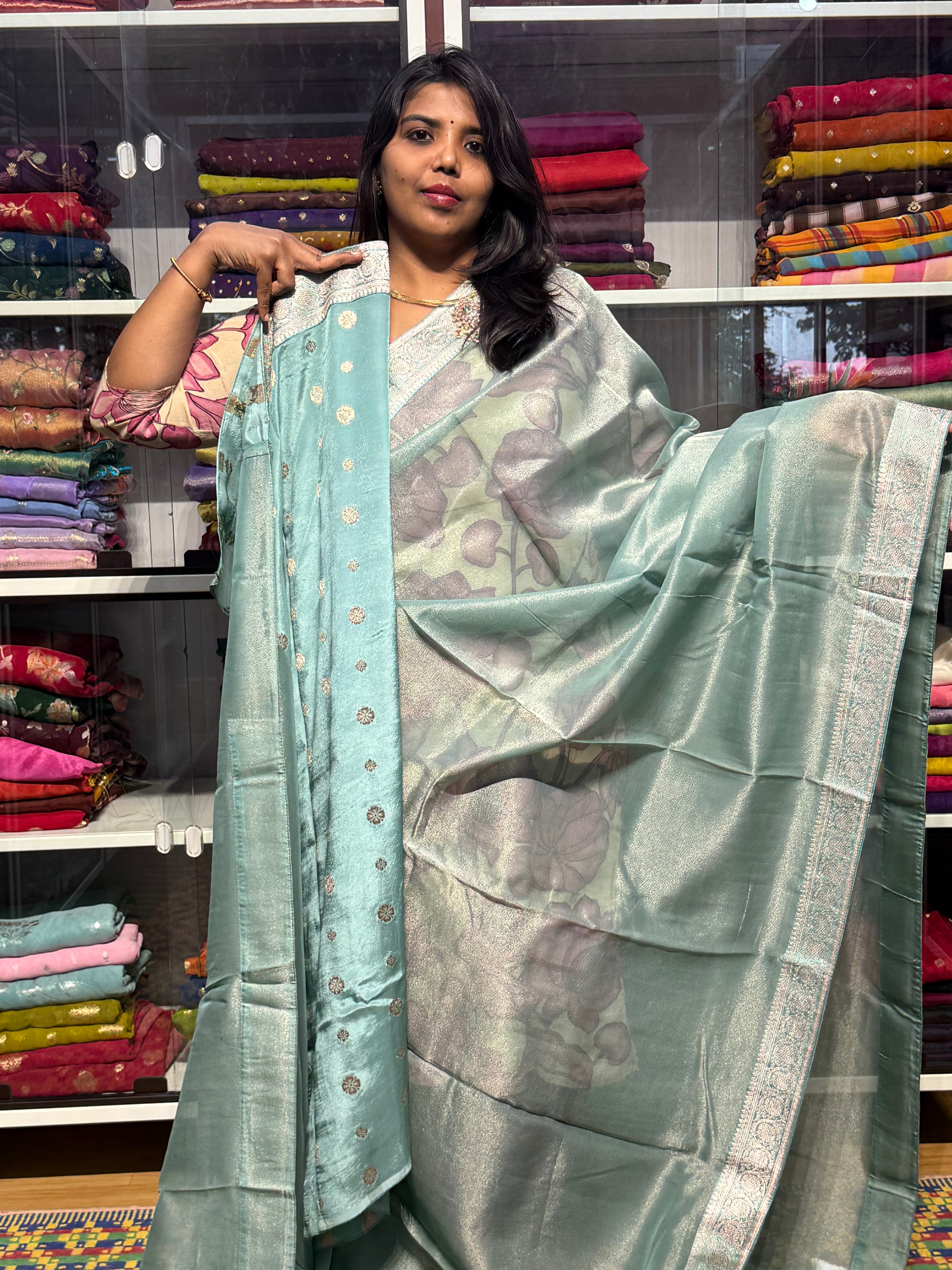 TISSUE SAREE WITH DESIGNER LACE: SEA GREEN