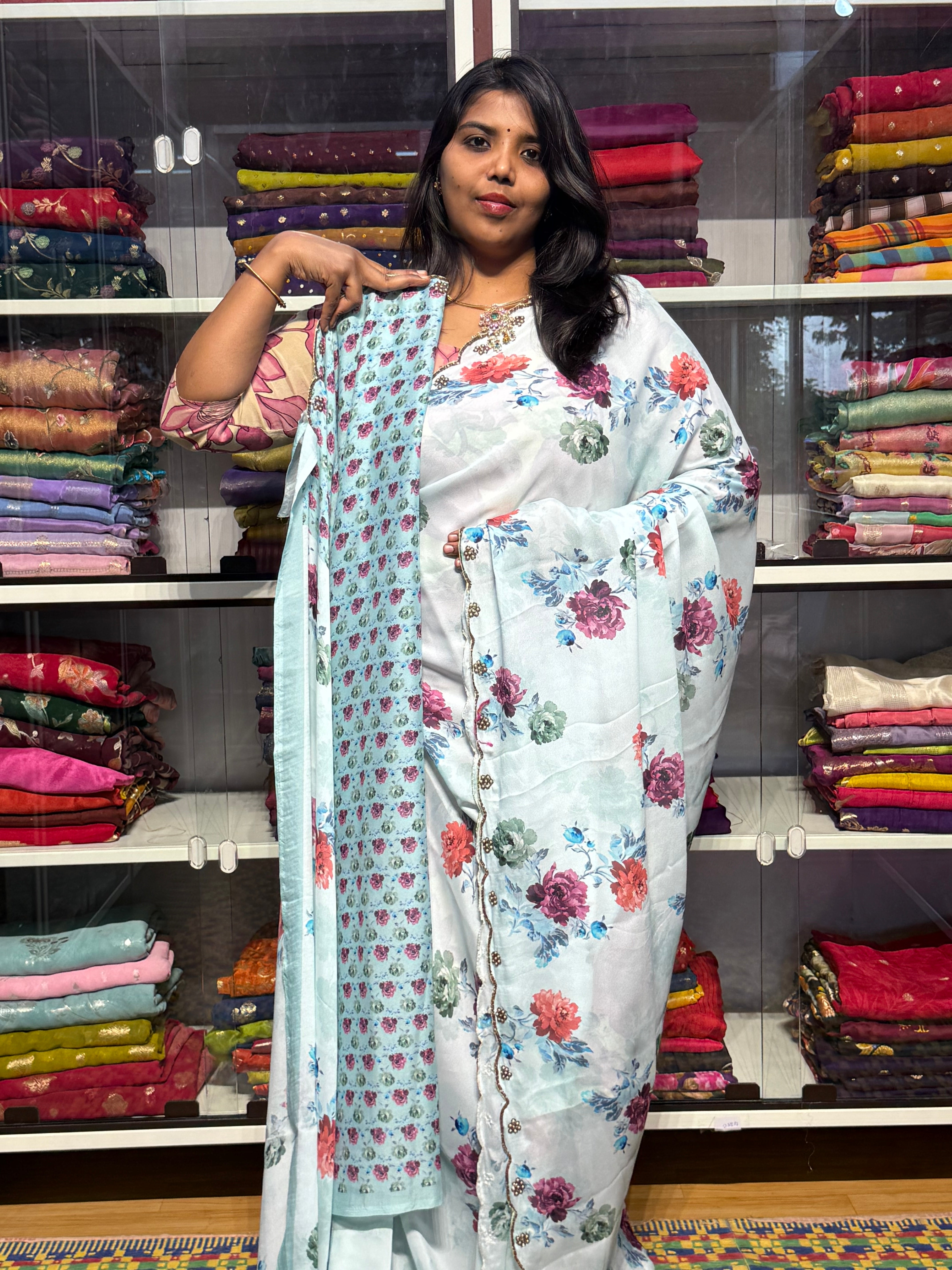 GEORGETTE SAREE WITH CUTWORK AND EMBROIDERY: ICE BLUE
