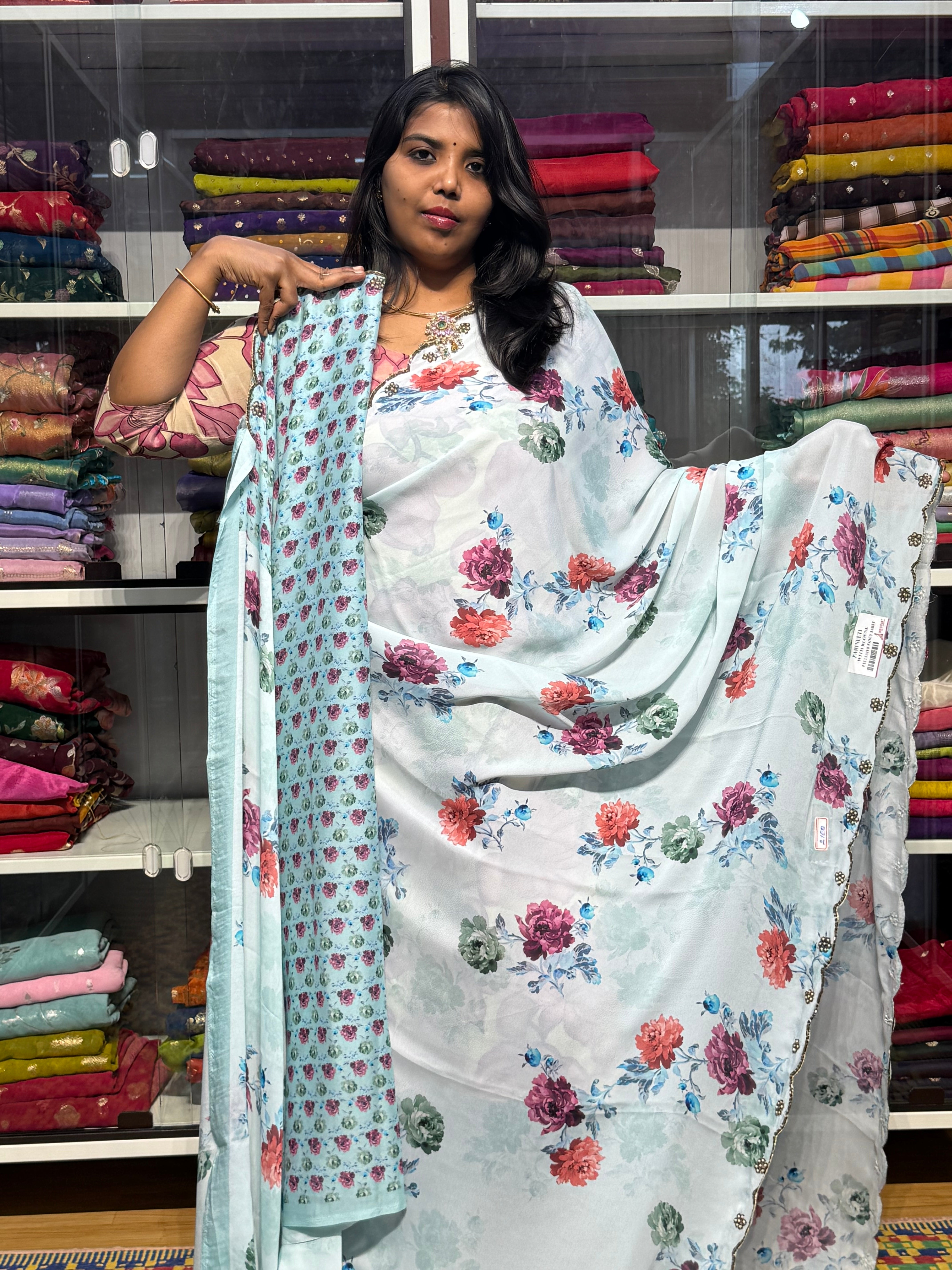 GEORGETTE SAREE WITH CUTWORK AND EMBROIDERY: ICE BLUE