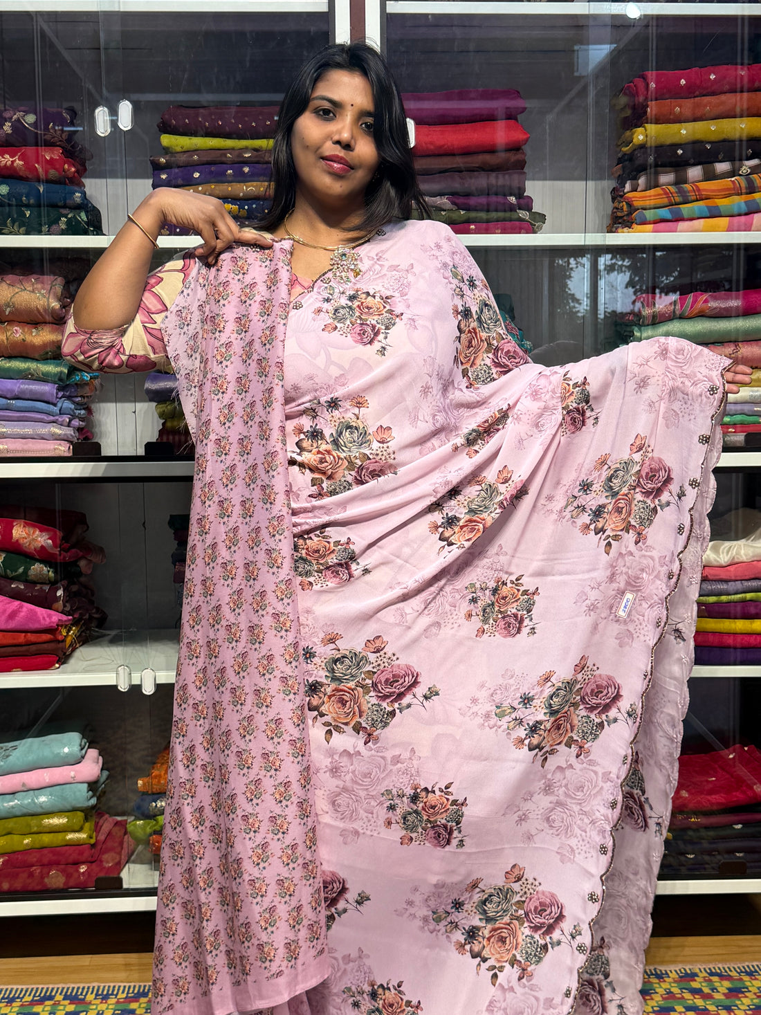 GEORGETTE SAREE WITH CUTWORK AND EMBROIDERY: PINK