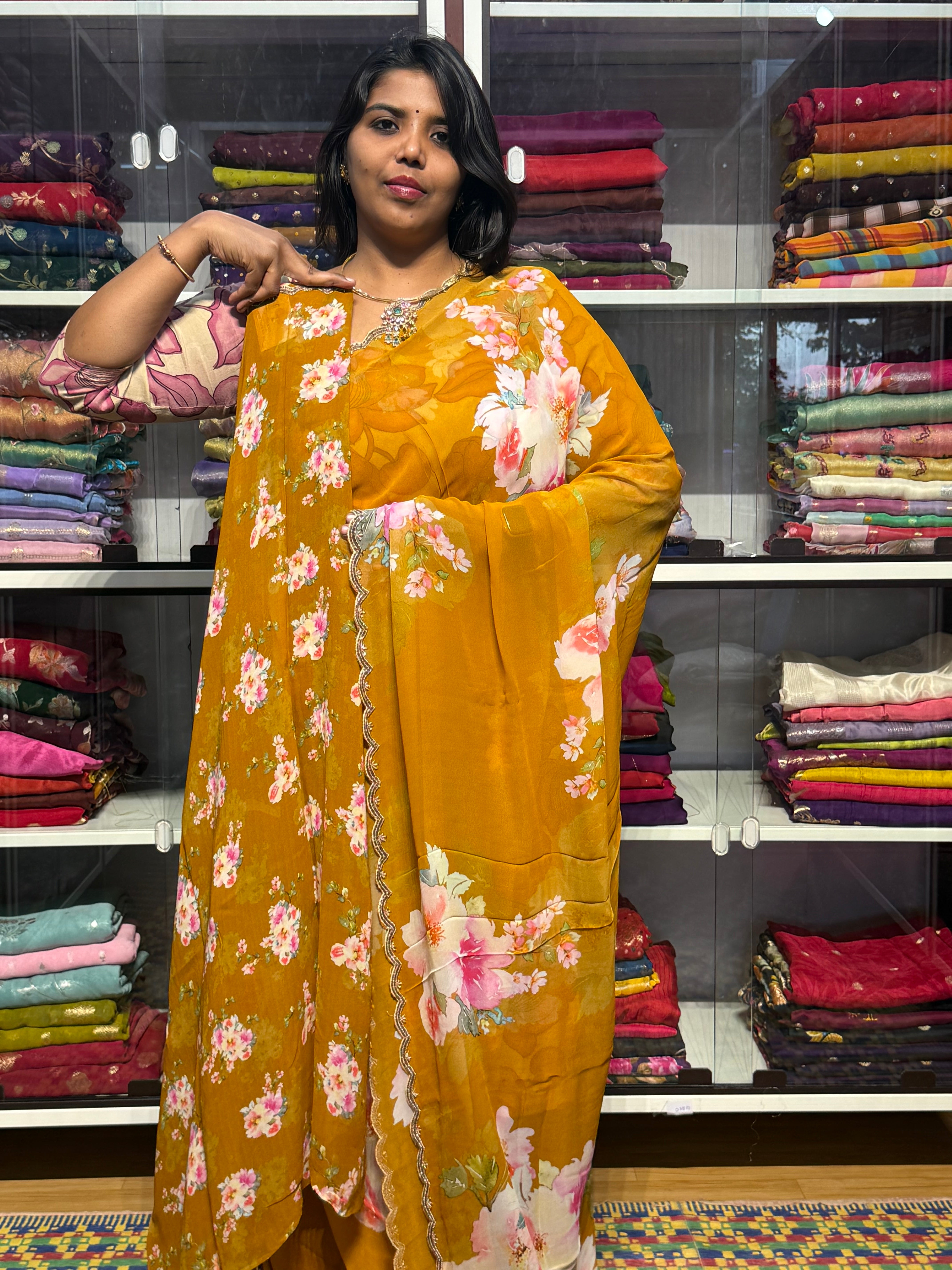 PURE GEORGETTE SAREE WITH DIGITAL PRINT AND HAND KARDHANA SCALLOP WORK: MUSTARD YELLOW