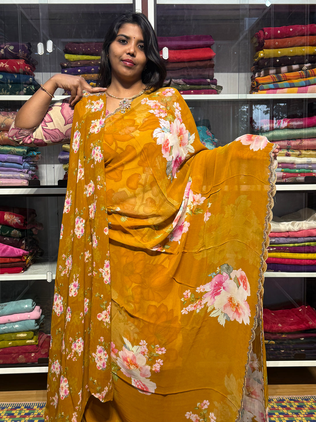 PURE GEORGETTE SAREE WITH DIGITAL PRINT AND HAND KARDHANA SCALLOP WORK: MUSTARD YELLOW