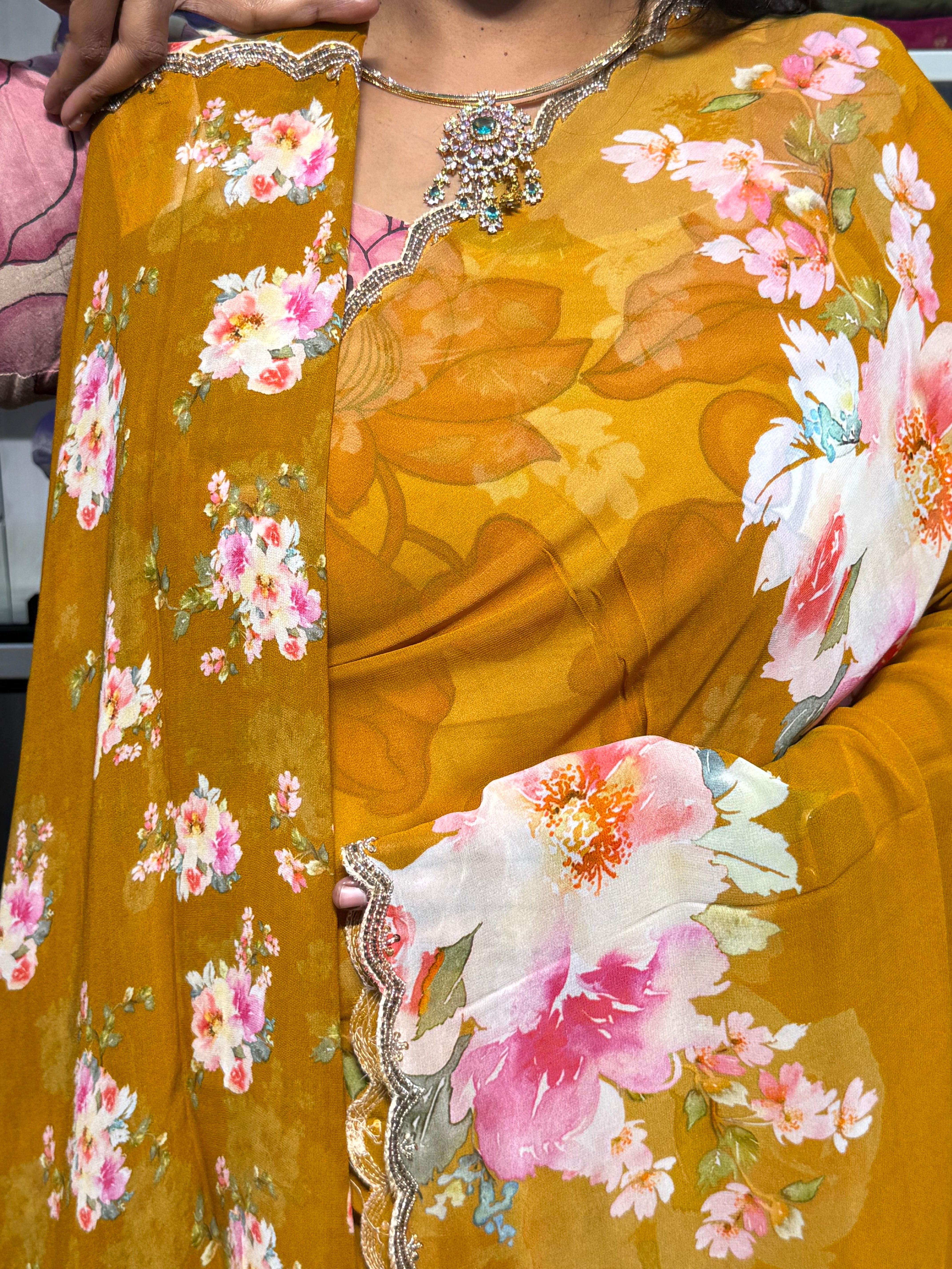 PURE GEORGETTE SAREE WITH DIGITAL PRINT AND HAND KARDHANA SCALLOP WORK: MUSTARD YELLOW