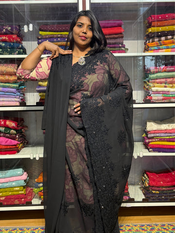 CHIKANKARI WORK ON GEORGETTE SAREE: BALCK