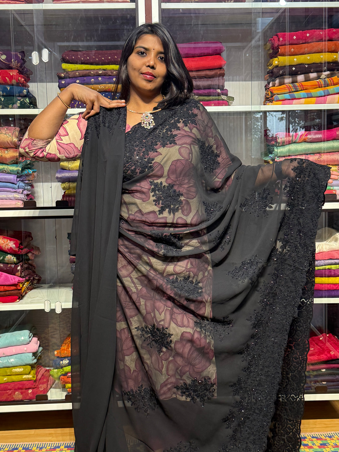 CHIKANKARI WORK ON GEORGETTE SAREE: BALCK
