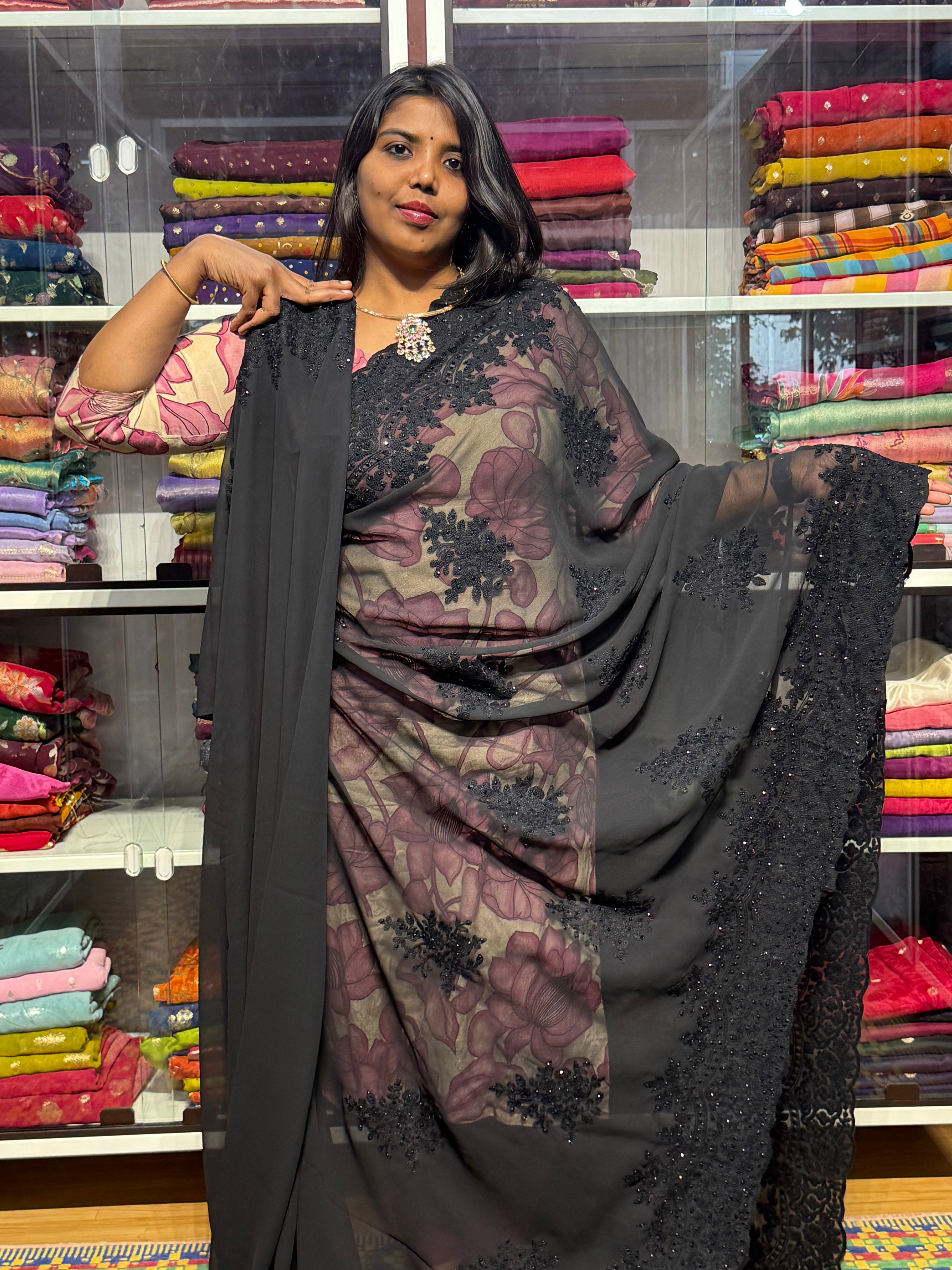 CHIKANKARI WORK ON GEORGETTE SAREE: BALCK