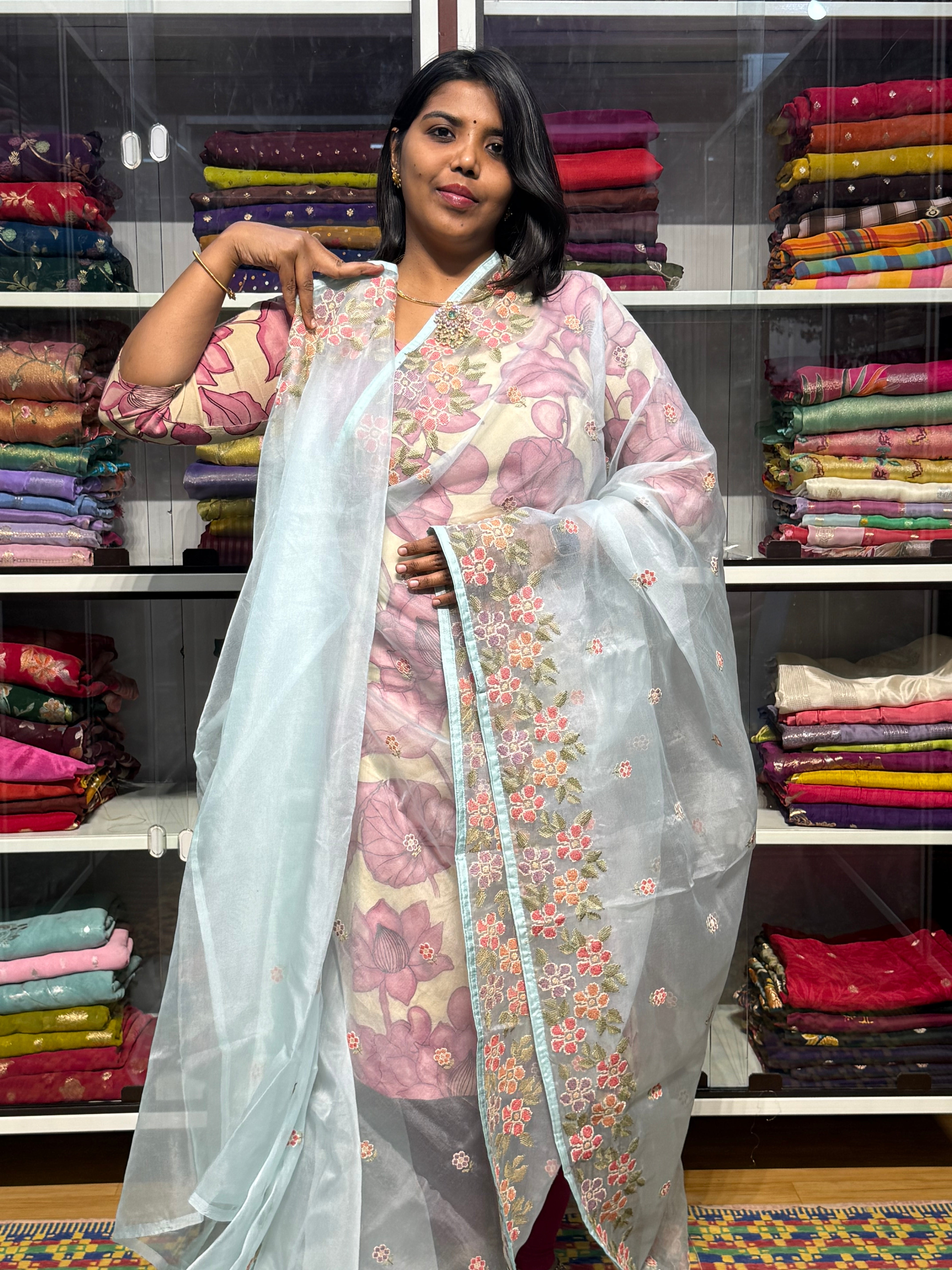CROSS STITCH EMBROIDERY ON PURE ORGANZA SAREE: ICE BLUE