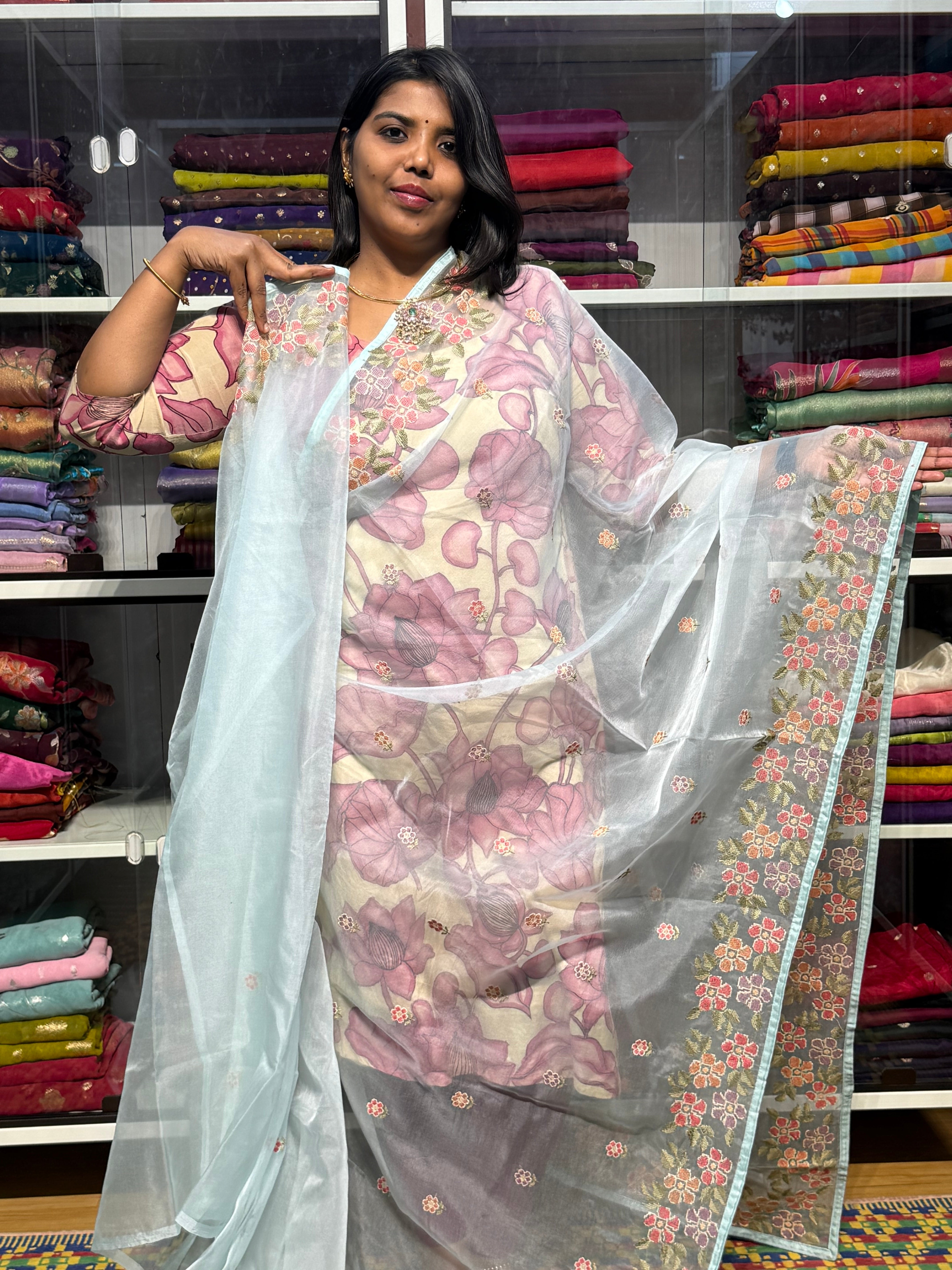 CROSS STITCH EMBROIDERY ON PURE ORGANZA SAREE: ICE BLUE
