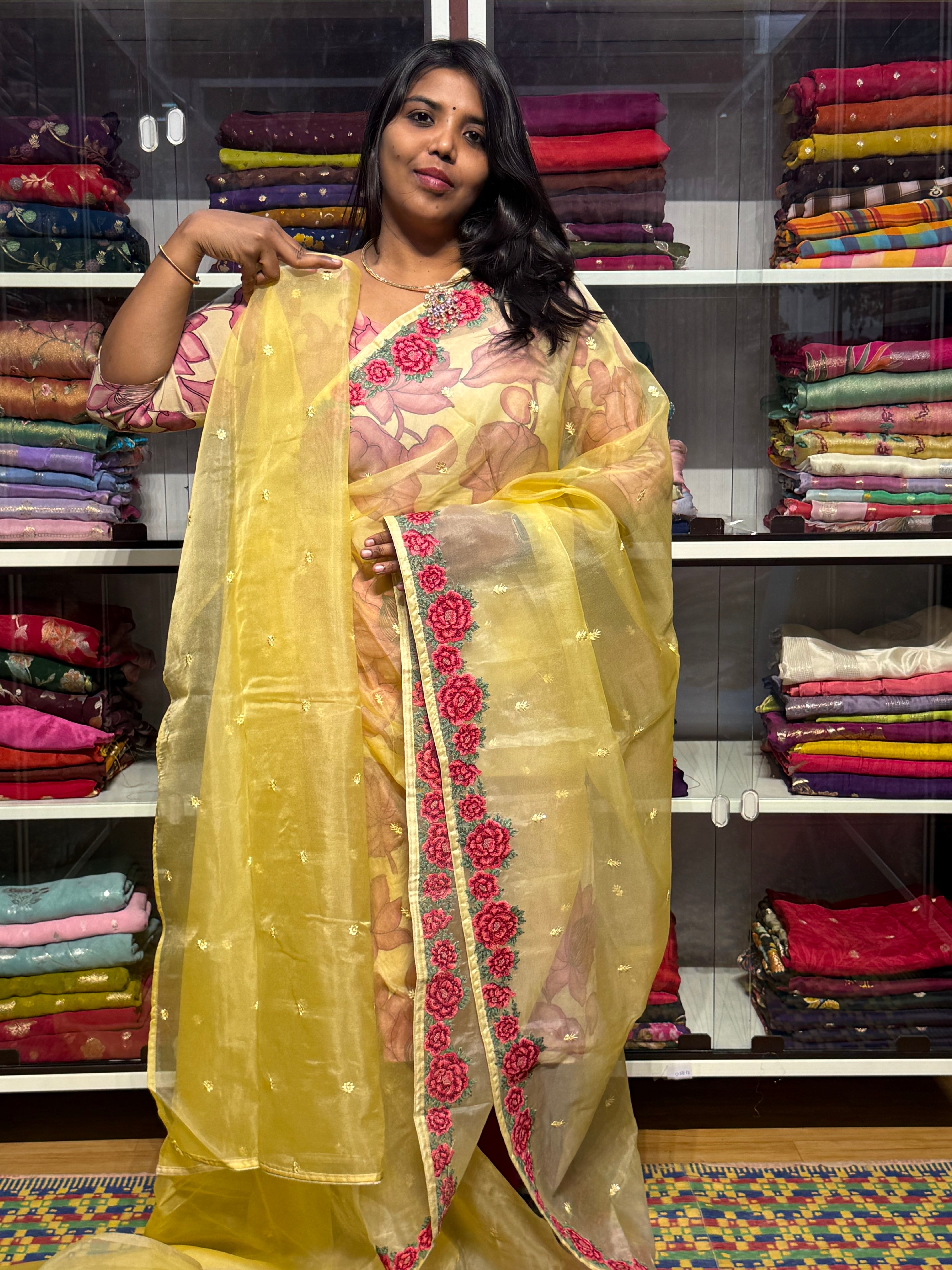 CROSS STITCH EMBROIDERY ON PURE ORGANZA SAREE: YELLOW