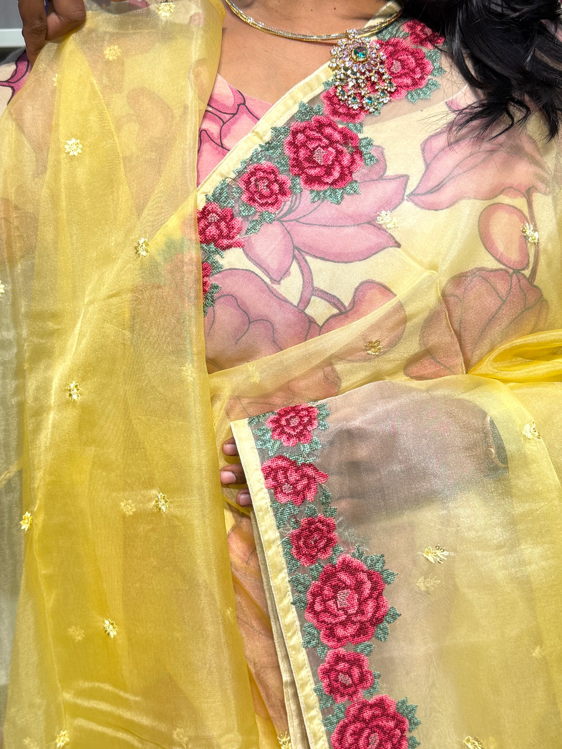 CROSS STITCH EMBROIDERY ON PURE ORGANZA SAREE: YELLOW