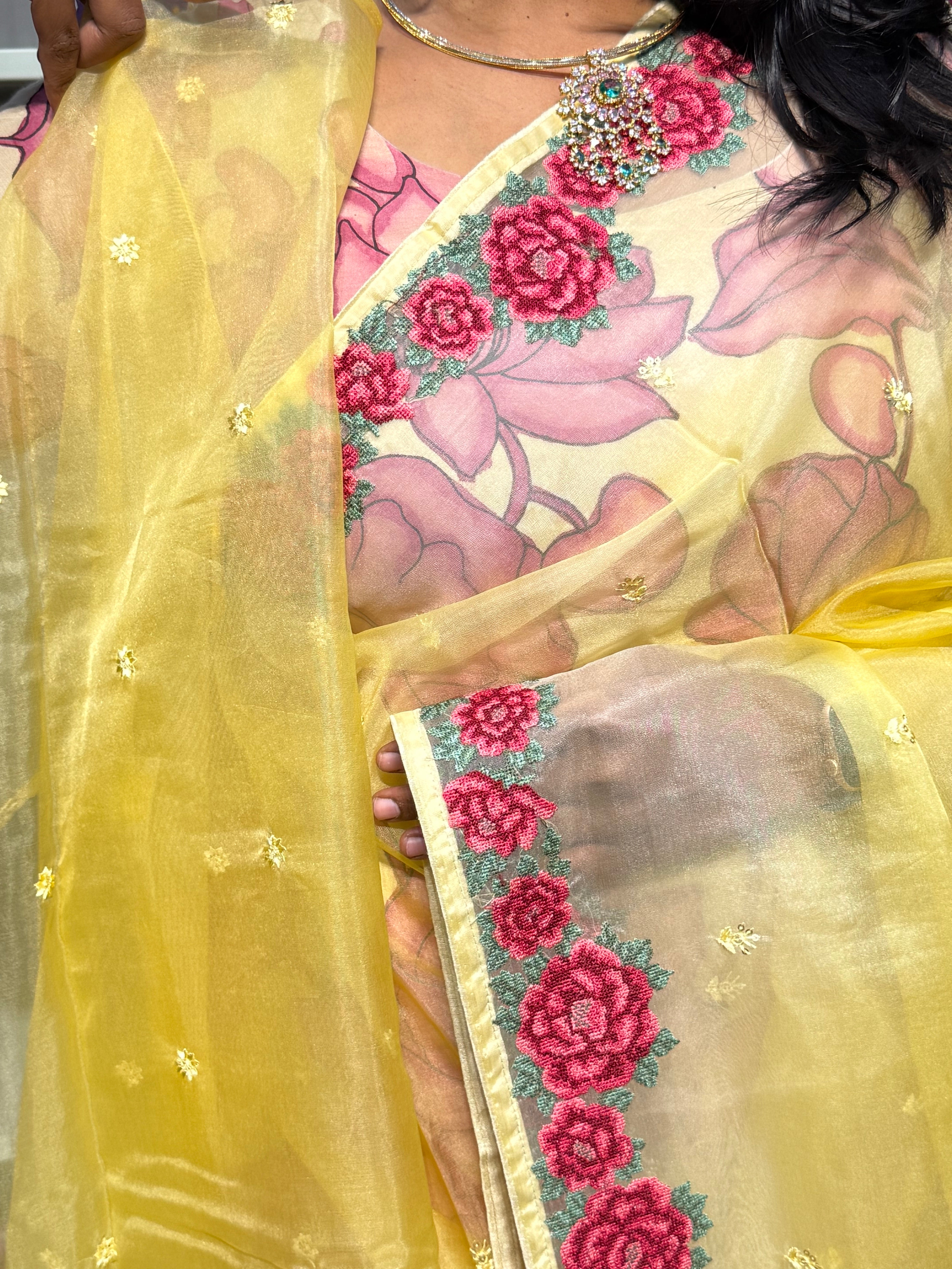 CROSS STITCH EMBROIDERY ON PURE ORGANZA SAREE: YELLOW