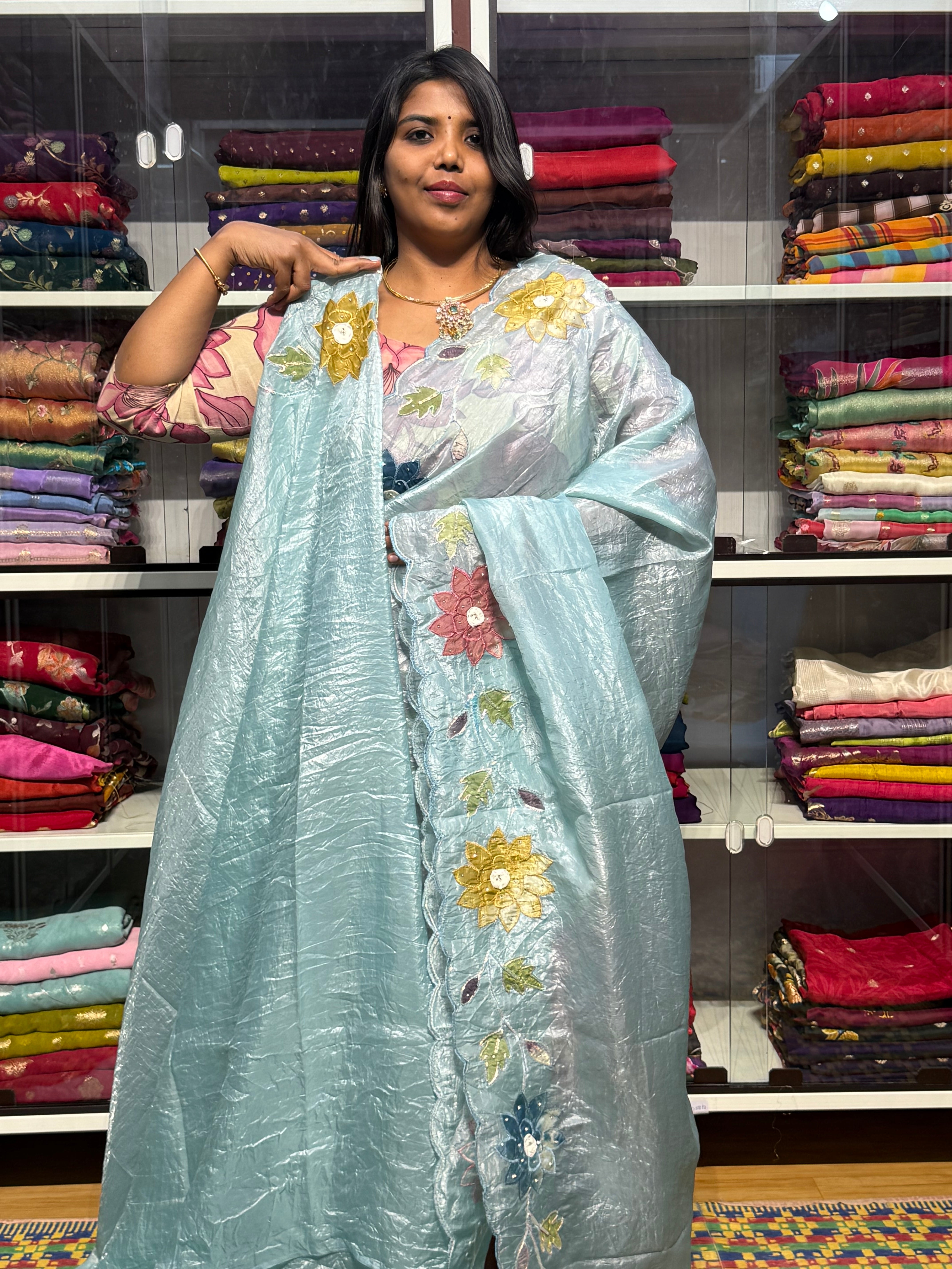 GUCCHI CRUSH SAREE WITH APPLIQUE AND SCALLOP: SKY BLUE