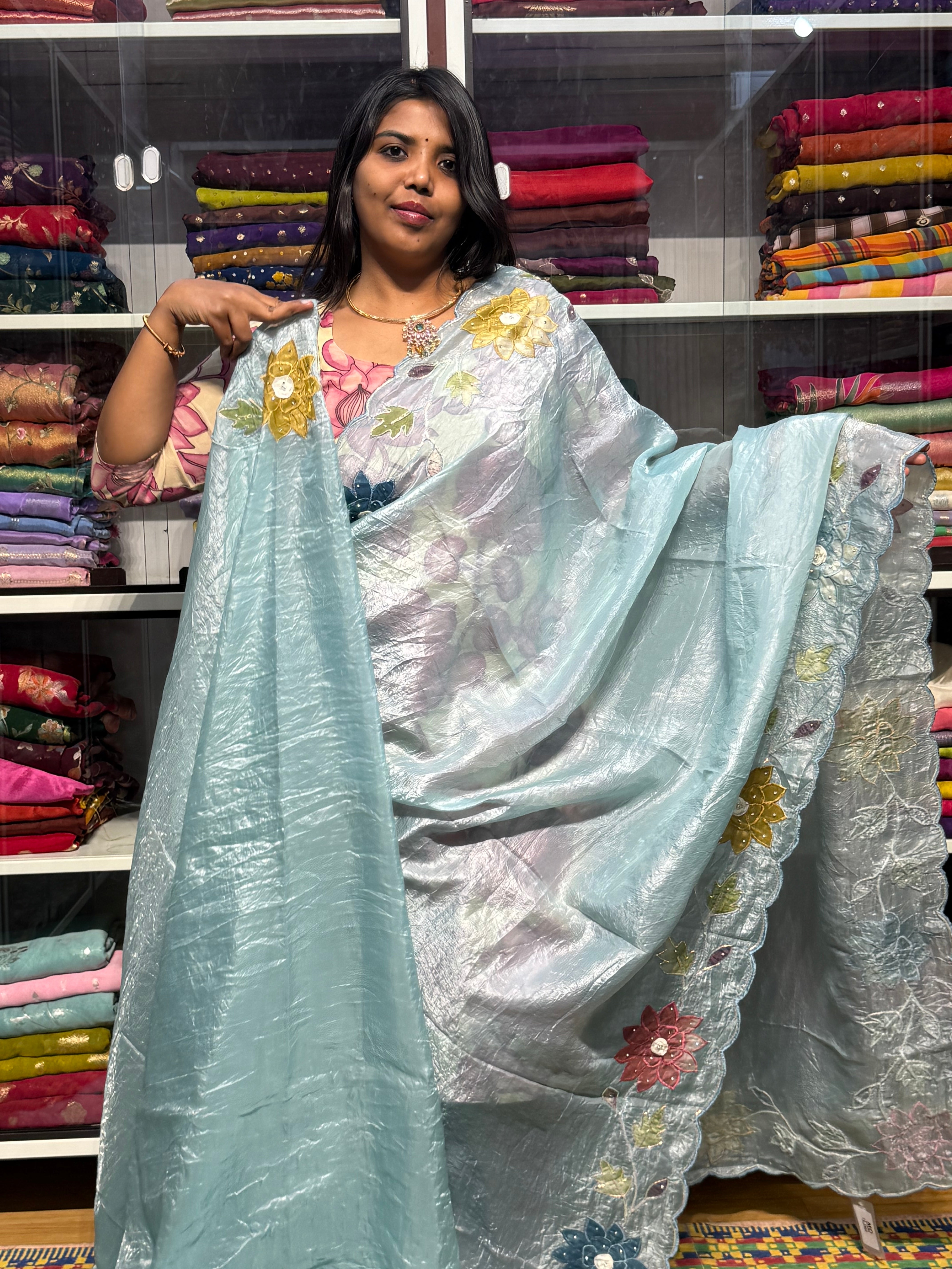 GUCCHI CRUSH SAREE WITH APPLIQUE AND SCALLOP: SKY BLUE