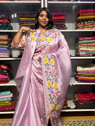CHANDANIA SAREE WITH FLORAL EMBROIDERY: LILAC