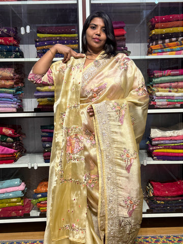 1 GM TISSUE WITH SILVER ZARI EMBROIDERY: YELLOW