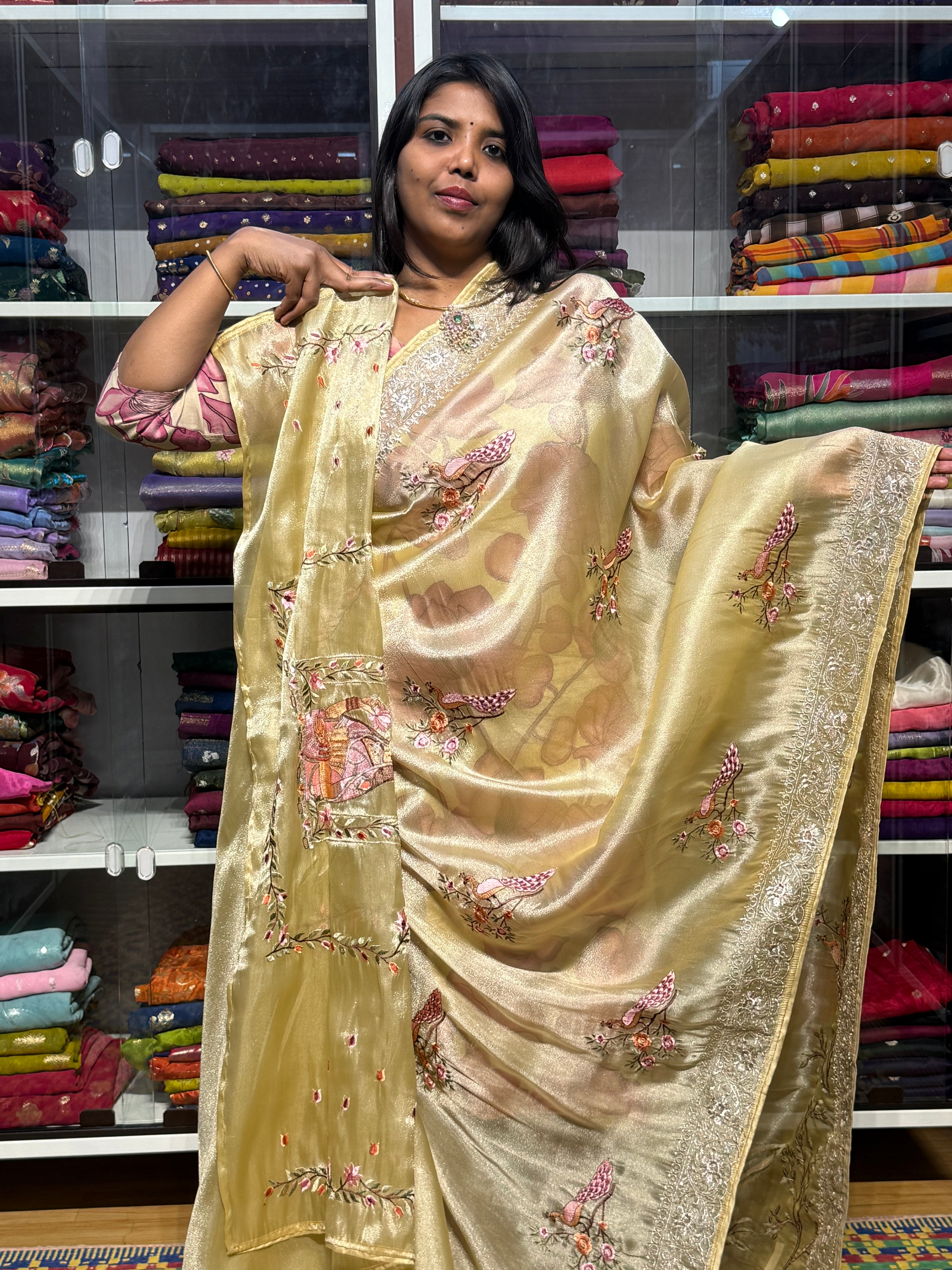 1 GM TISSUE WITH SILVER ZARI EMBROIDERY: YELLOW