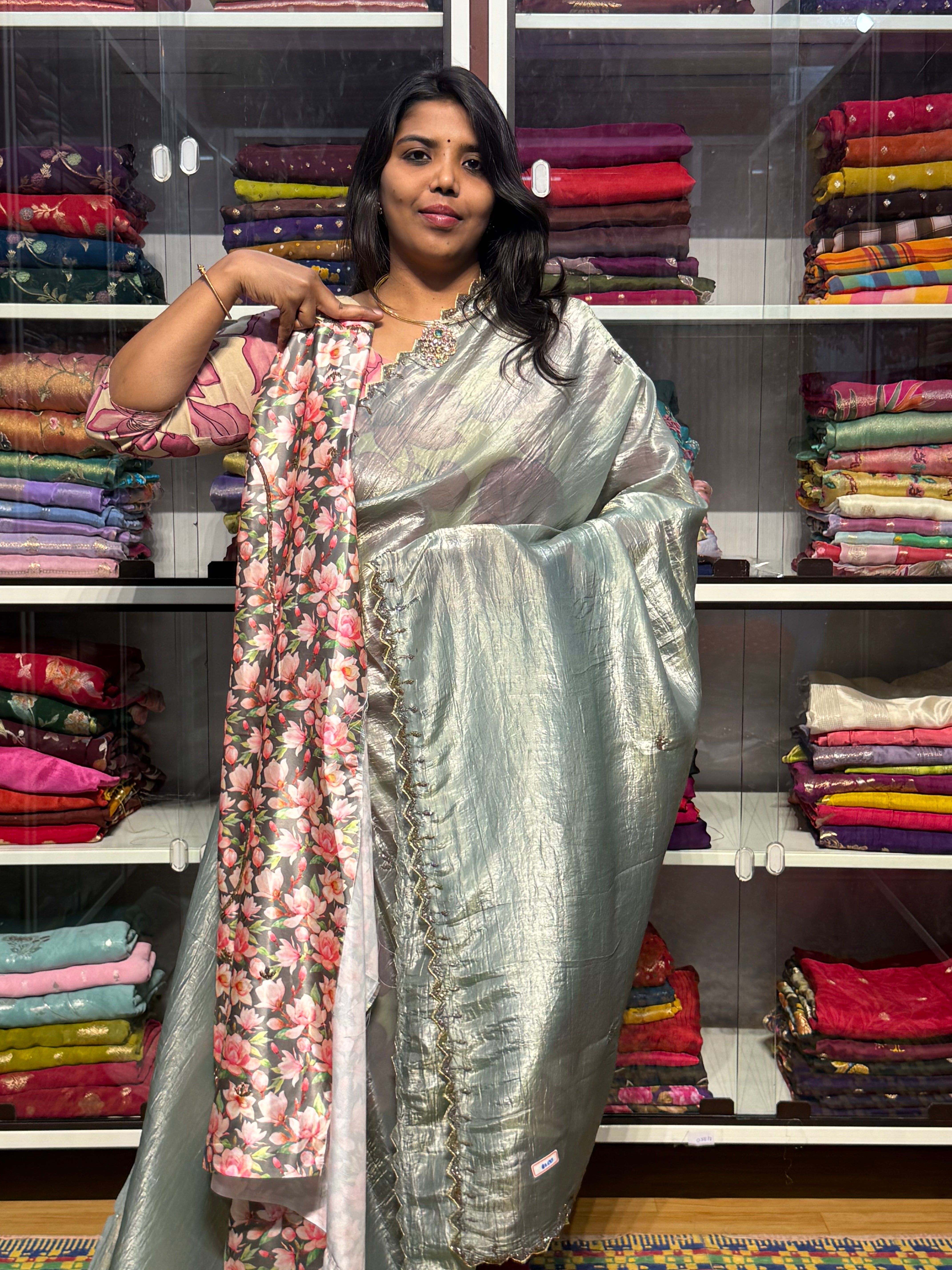 CRUSH SAREE WITH HAND EMBROIDERY  AND SATION BLOUSE