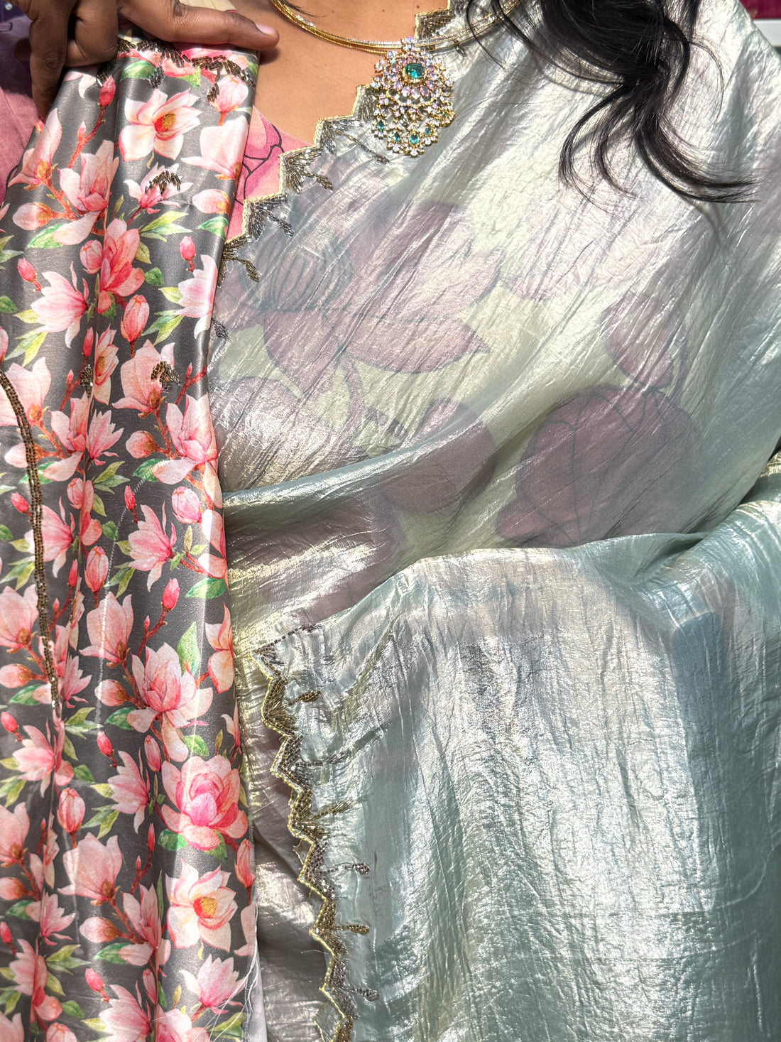 CRUSH SAREE WITH HAND EMBROIDERY  AND SATION BLOUSE
