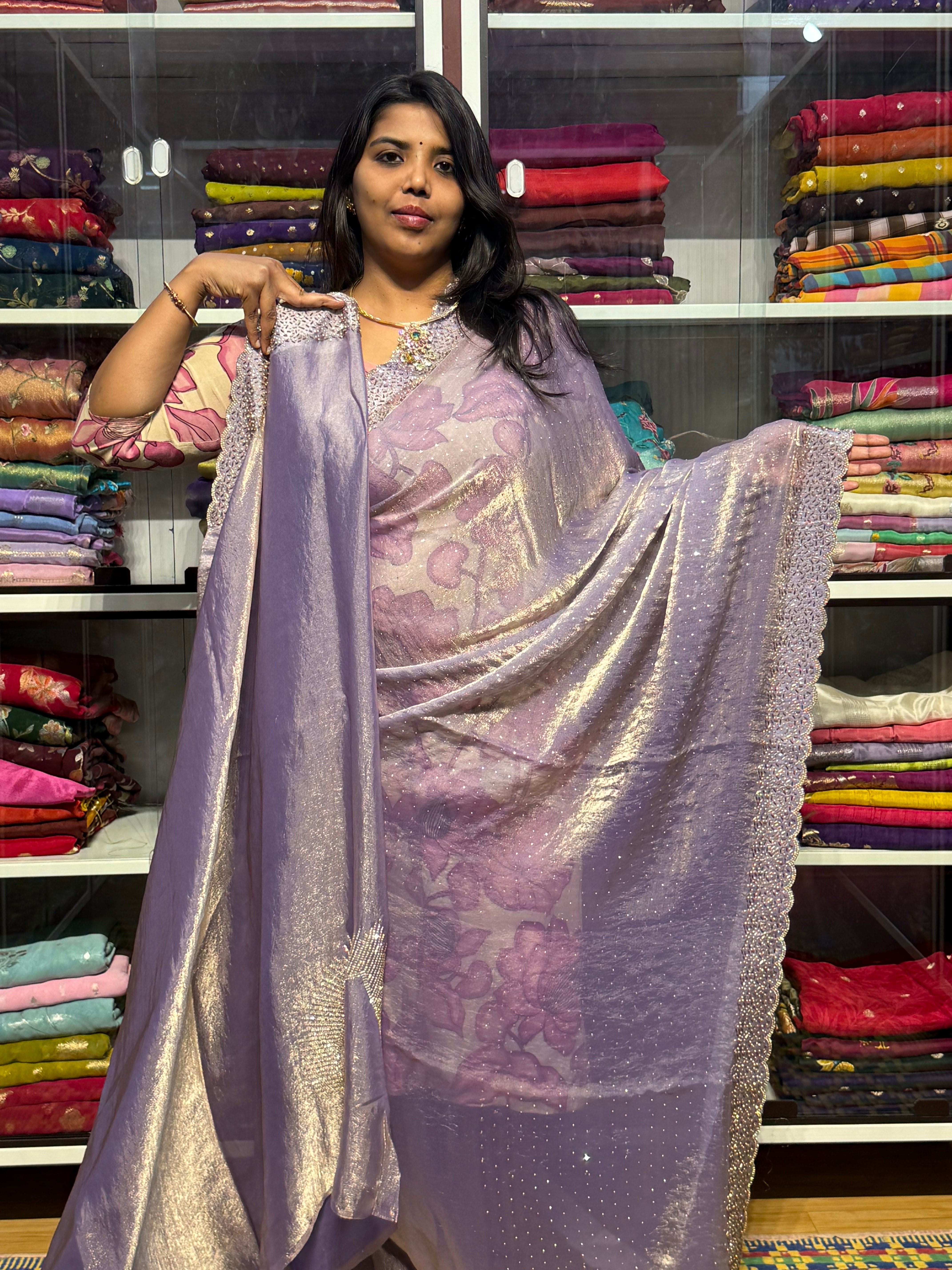 SPACE SILK SAREE WITH SCALLOP: LILAC