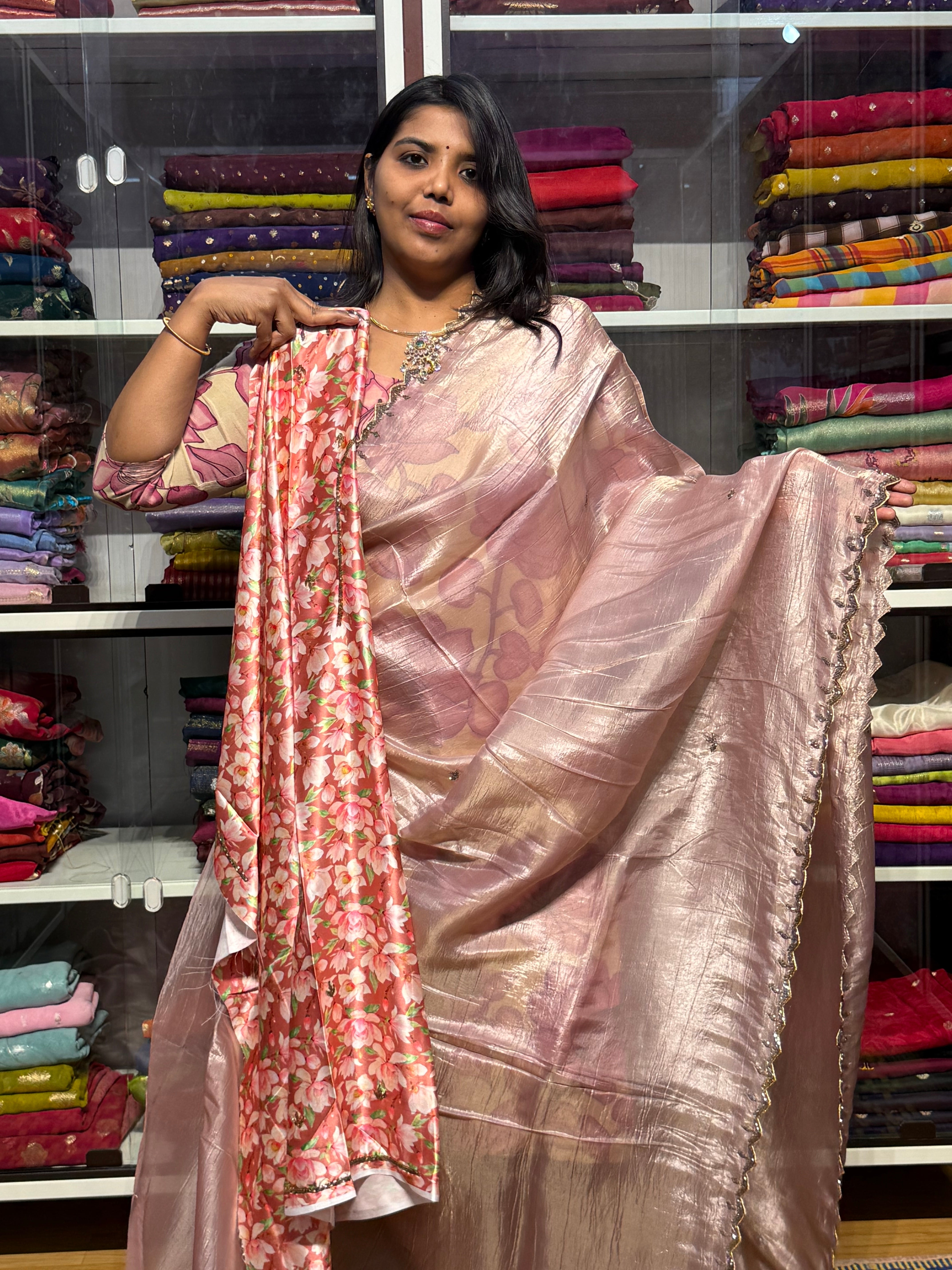CRUSH SAREE WITH HAND EMBROIDERY  AND SATION BLOUSE: BRONZE