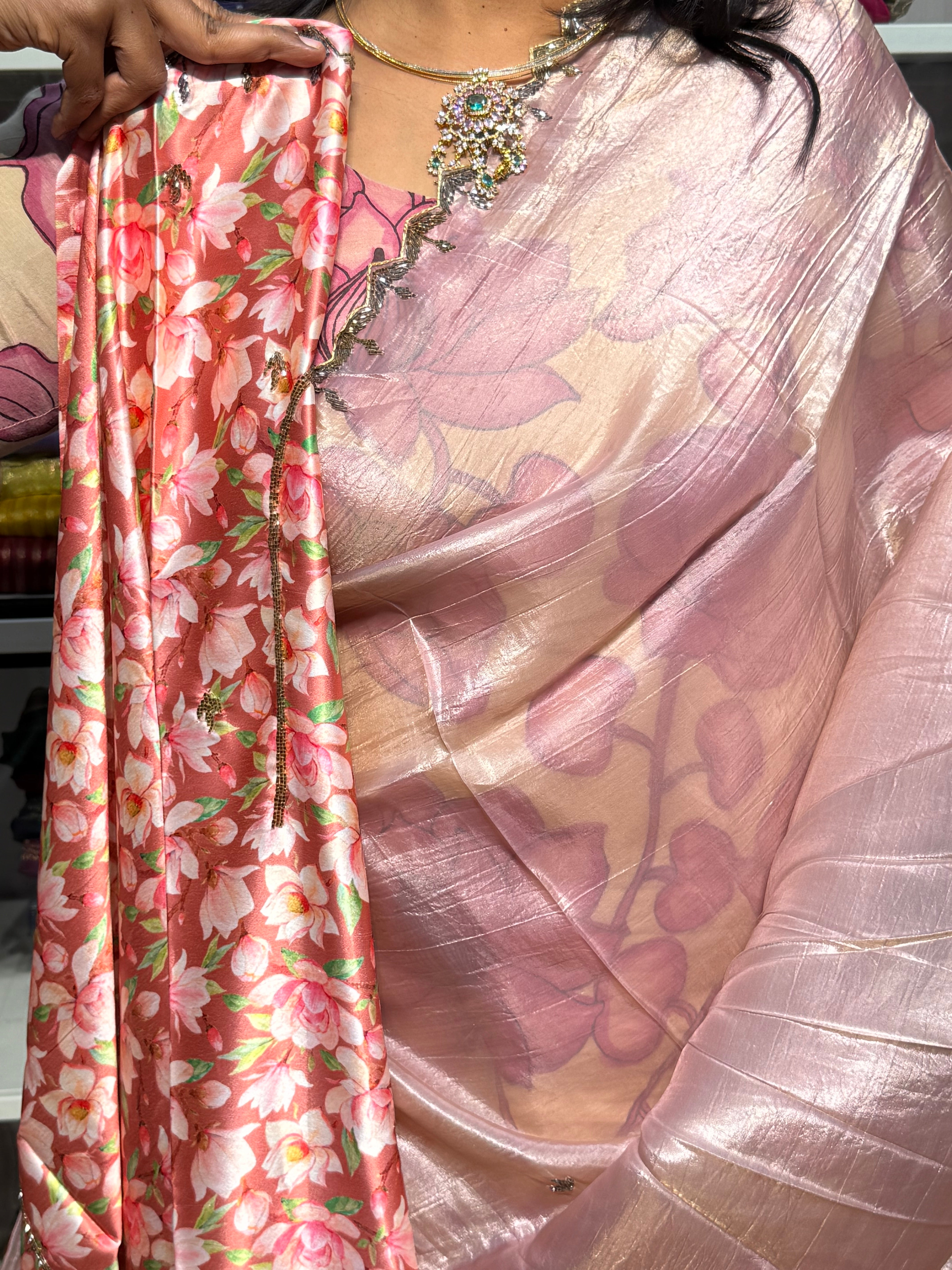 CRUSH SAREE WITH HAND EMBROIDERY  AND SATION BLOUSE: BRONZE