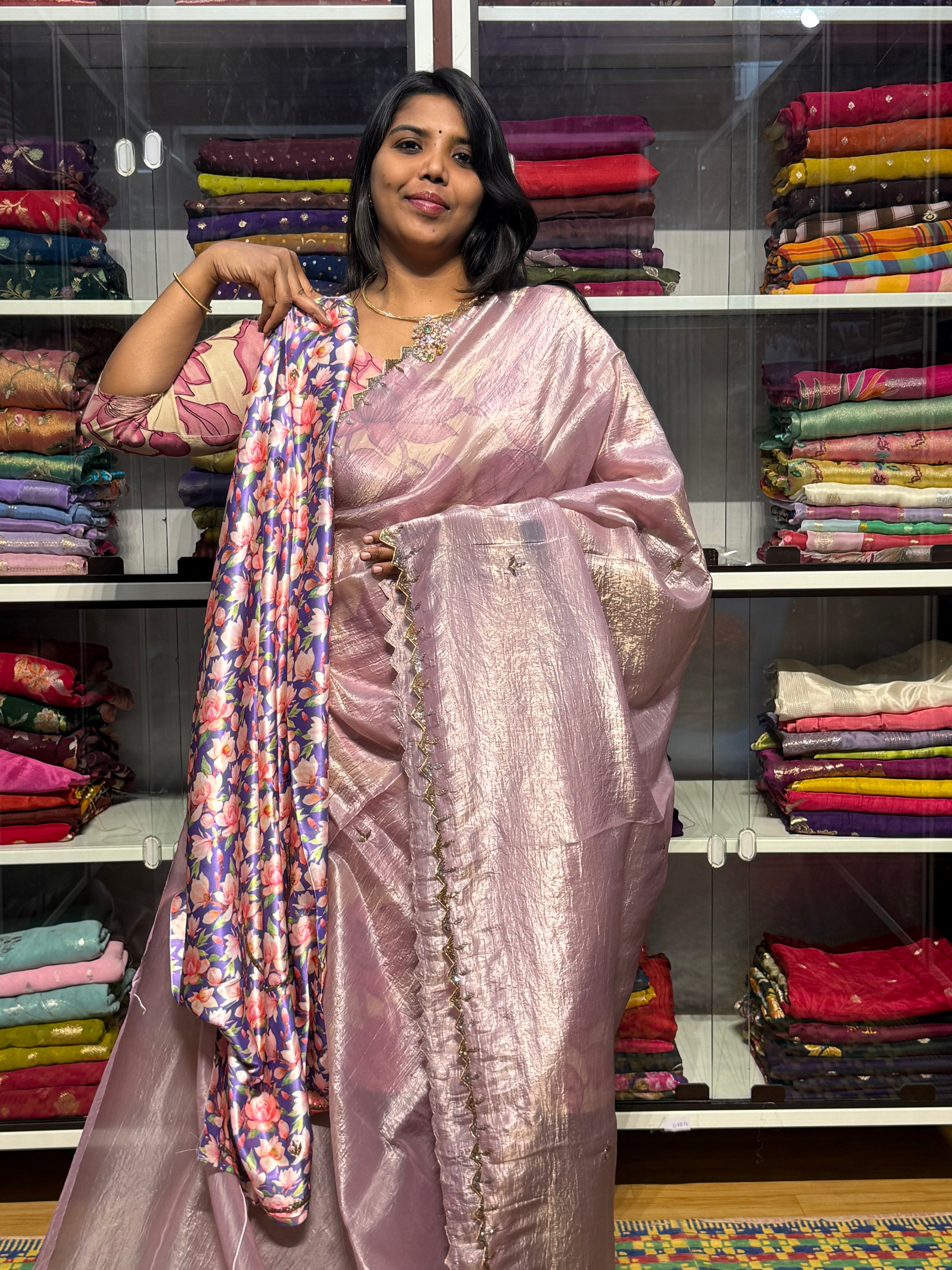 CRUSH SAREE WITH HAND EMBROIDERY  AND SATION BLOUSE: LAVENDER
