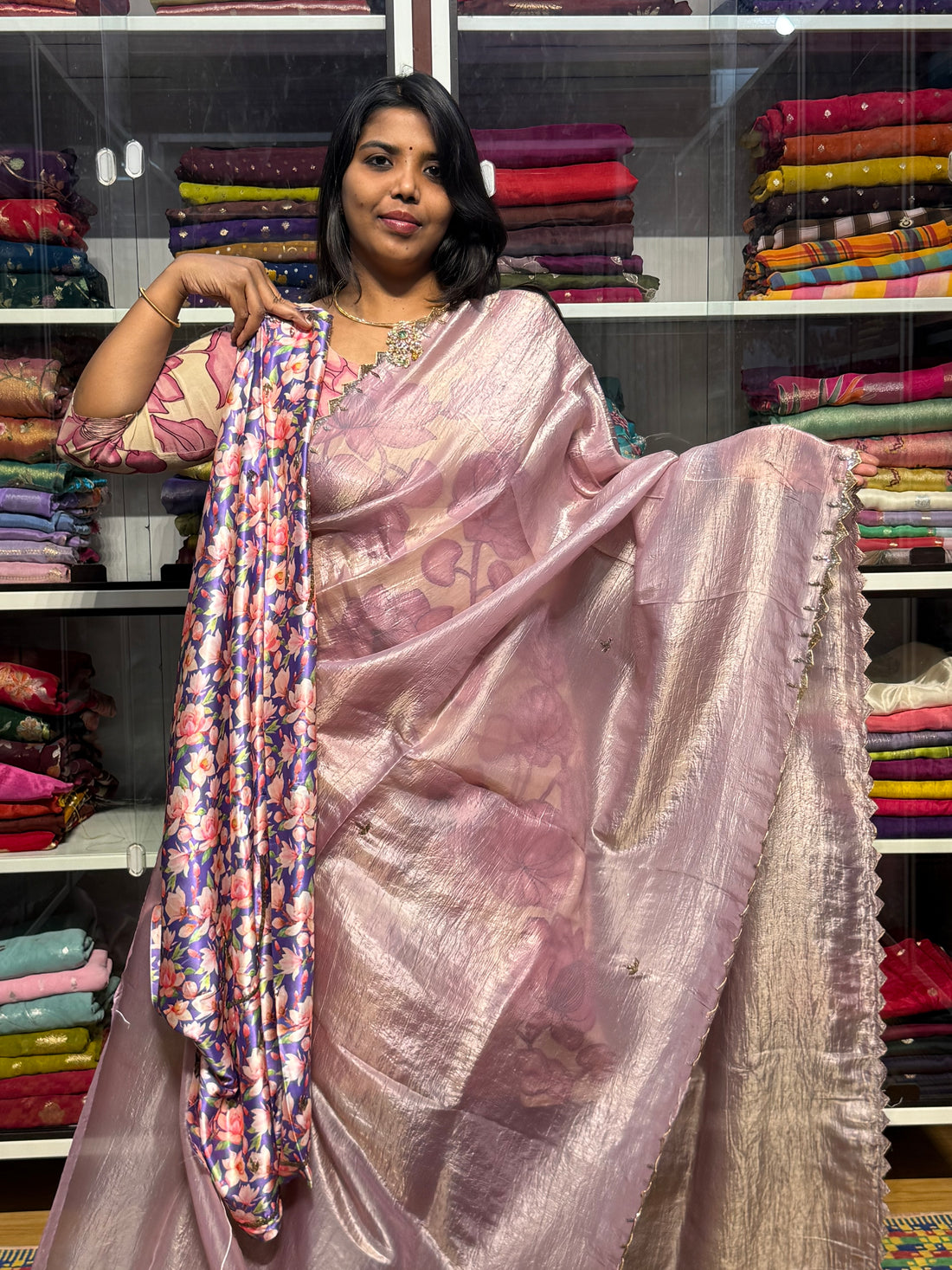 CRUSH SAREE WITH HAND EMBROIDERY  AND SATION BLOUSE: LAVENDER