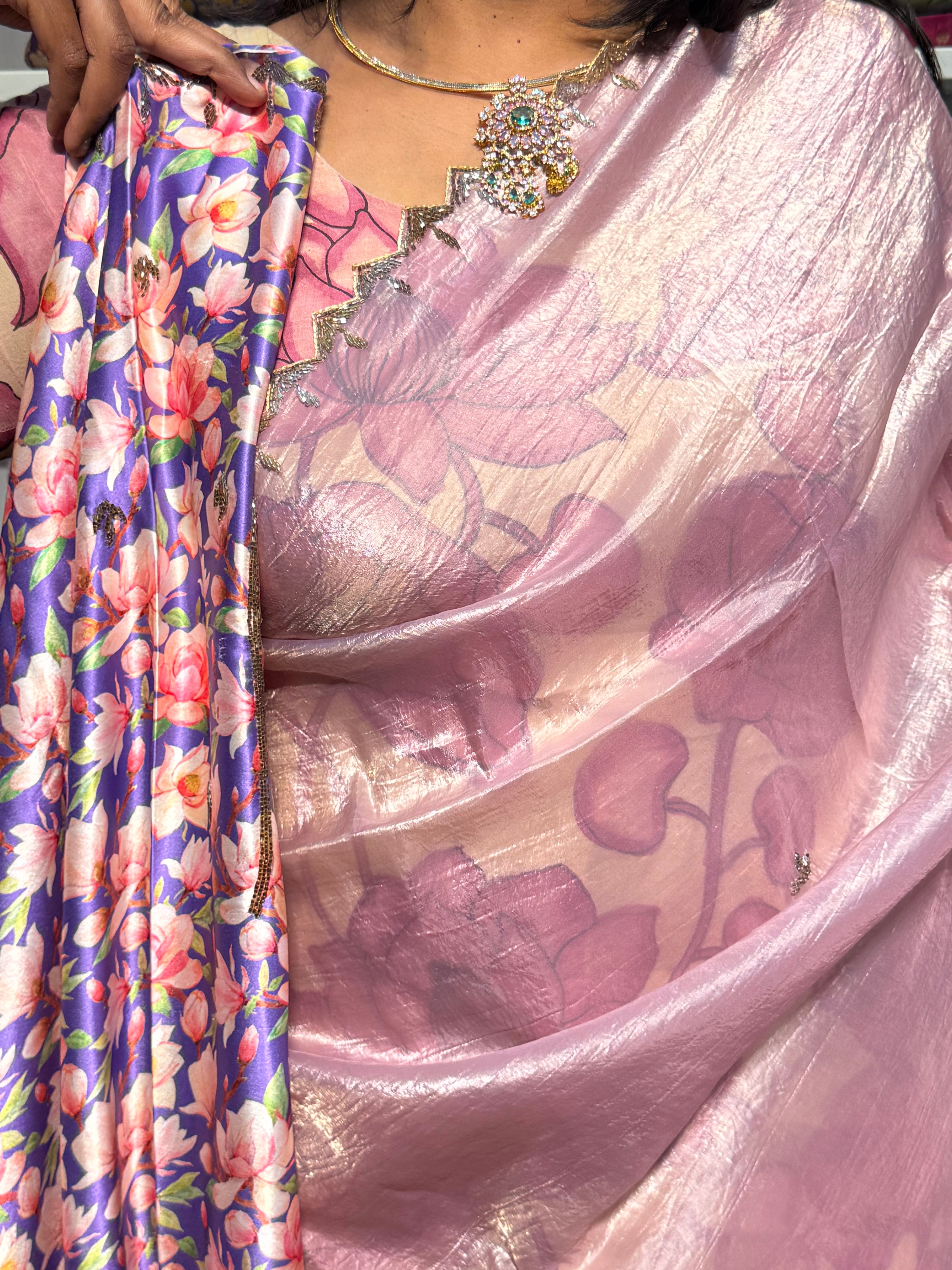 CRUSH SAREE WITH HAND EMBROIDERY  AND SATION BLOUSE: LAVENDER
