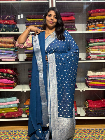 PURE BANARAS KHADDI GEORGETTE : GERMAN BLUE