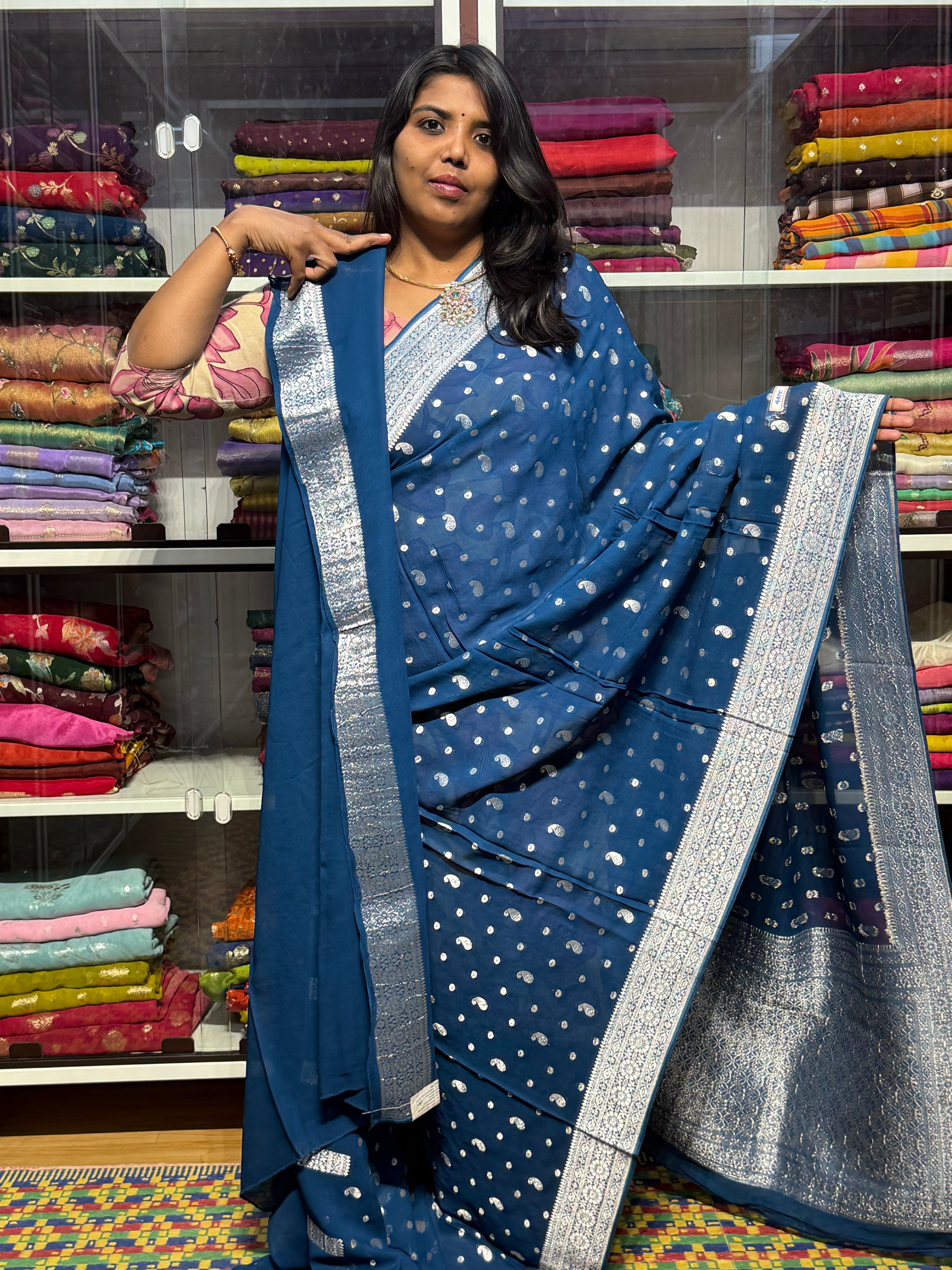 PURE BANARAS KHADDI GEORGETTE : GERMAN BLUE