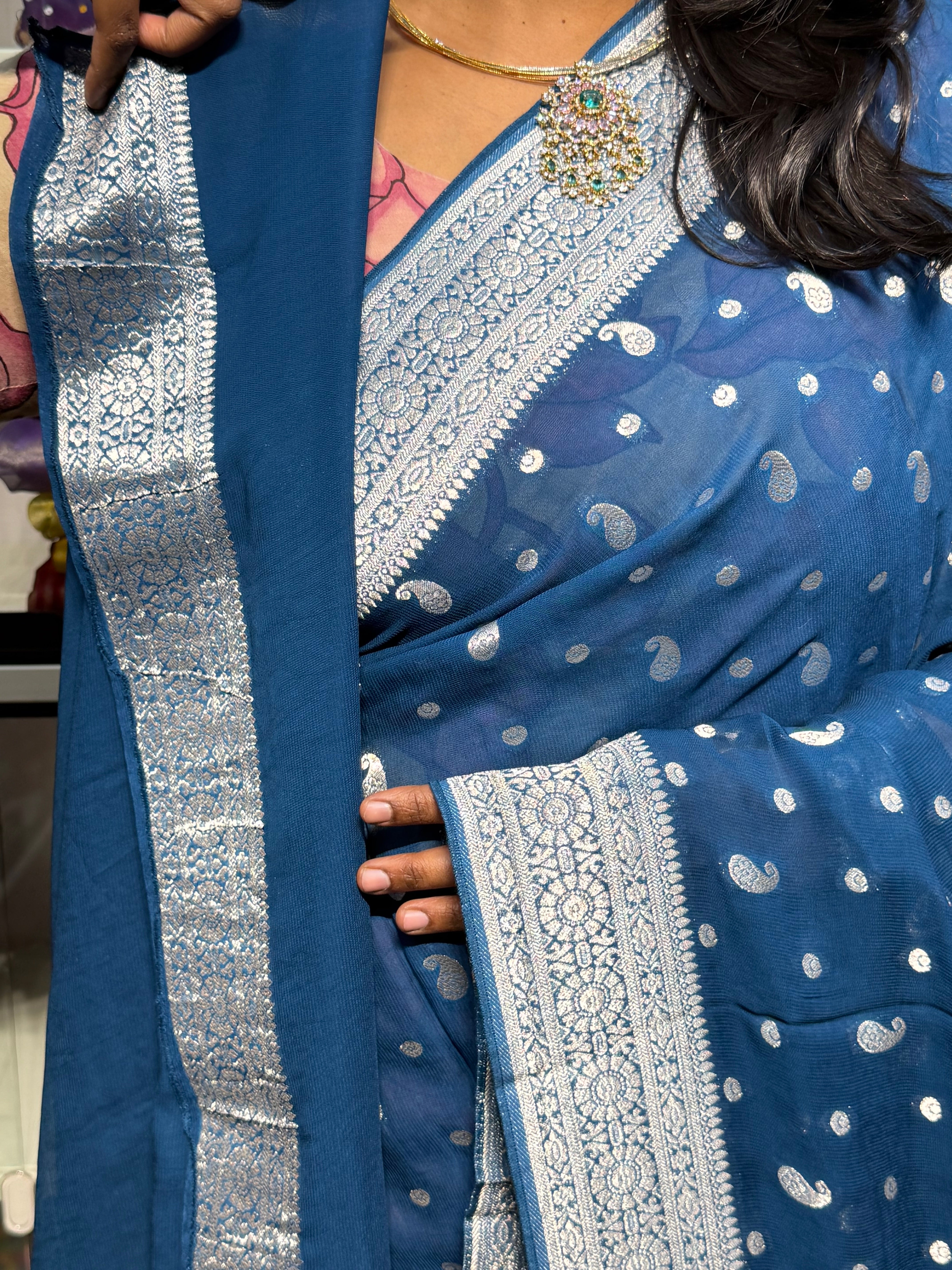 PURE BANARAS KHADDI GEORGETTE : GERMAN BLUE