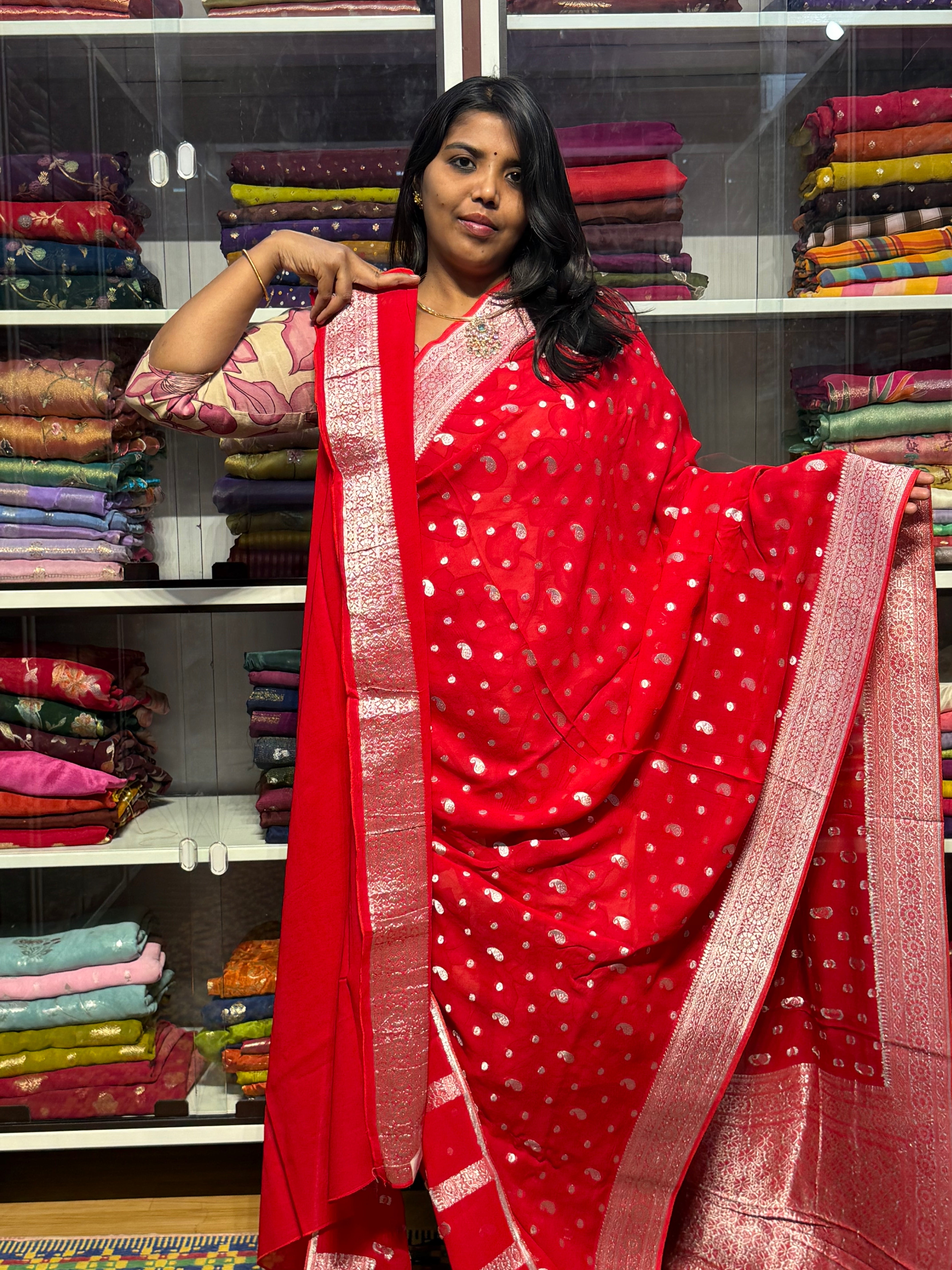 PURE BANARAS KHADDI GEORGETTE : RED