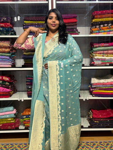 PURE BANARAS KHADDI GEORGETTE : SEA GREEN