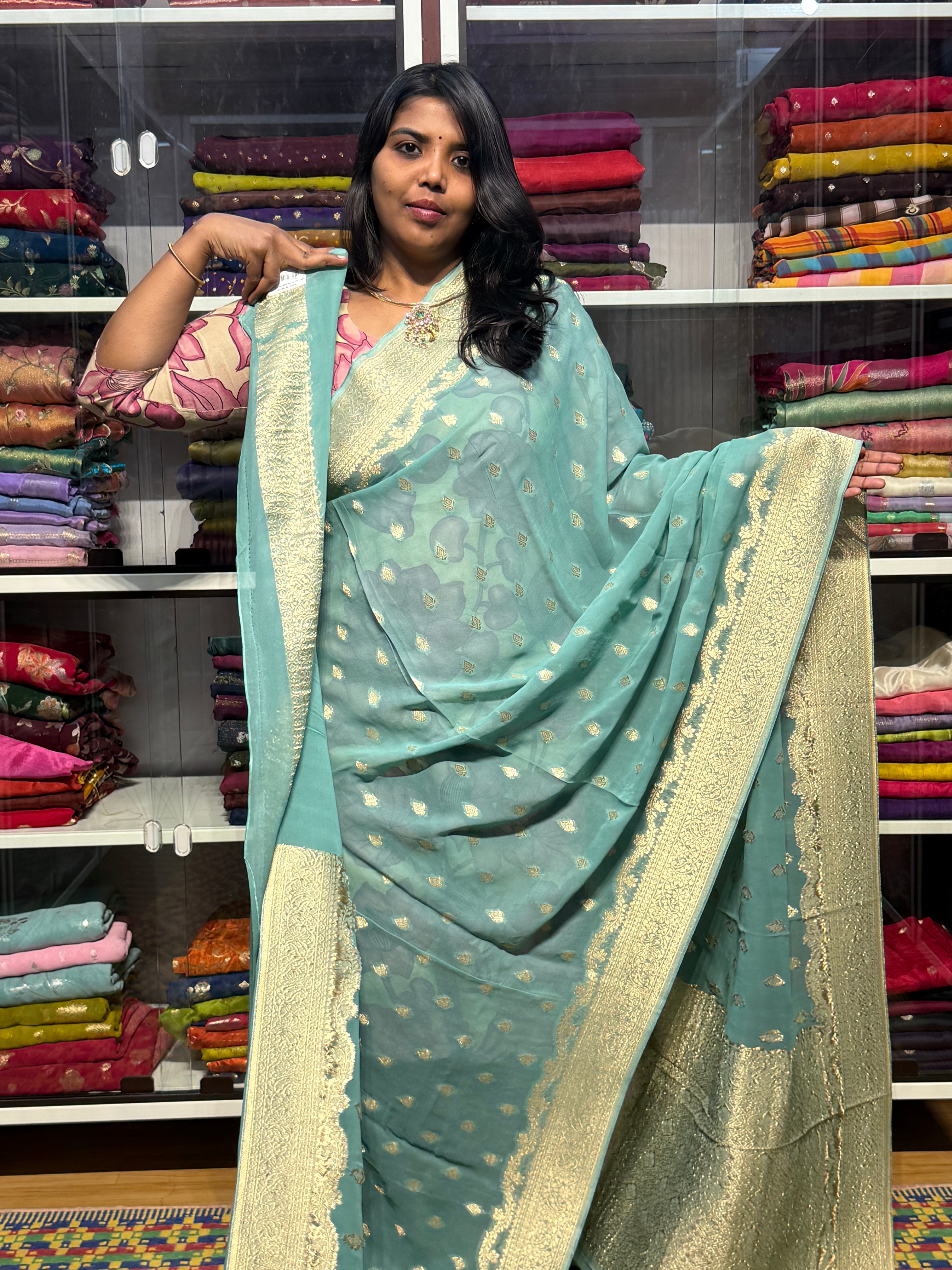 PURE BANARAS KHADDI GEORGETTE : SEA GREEN