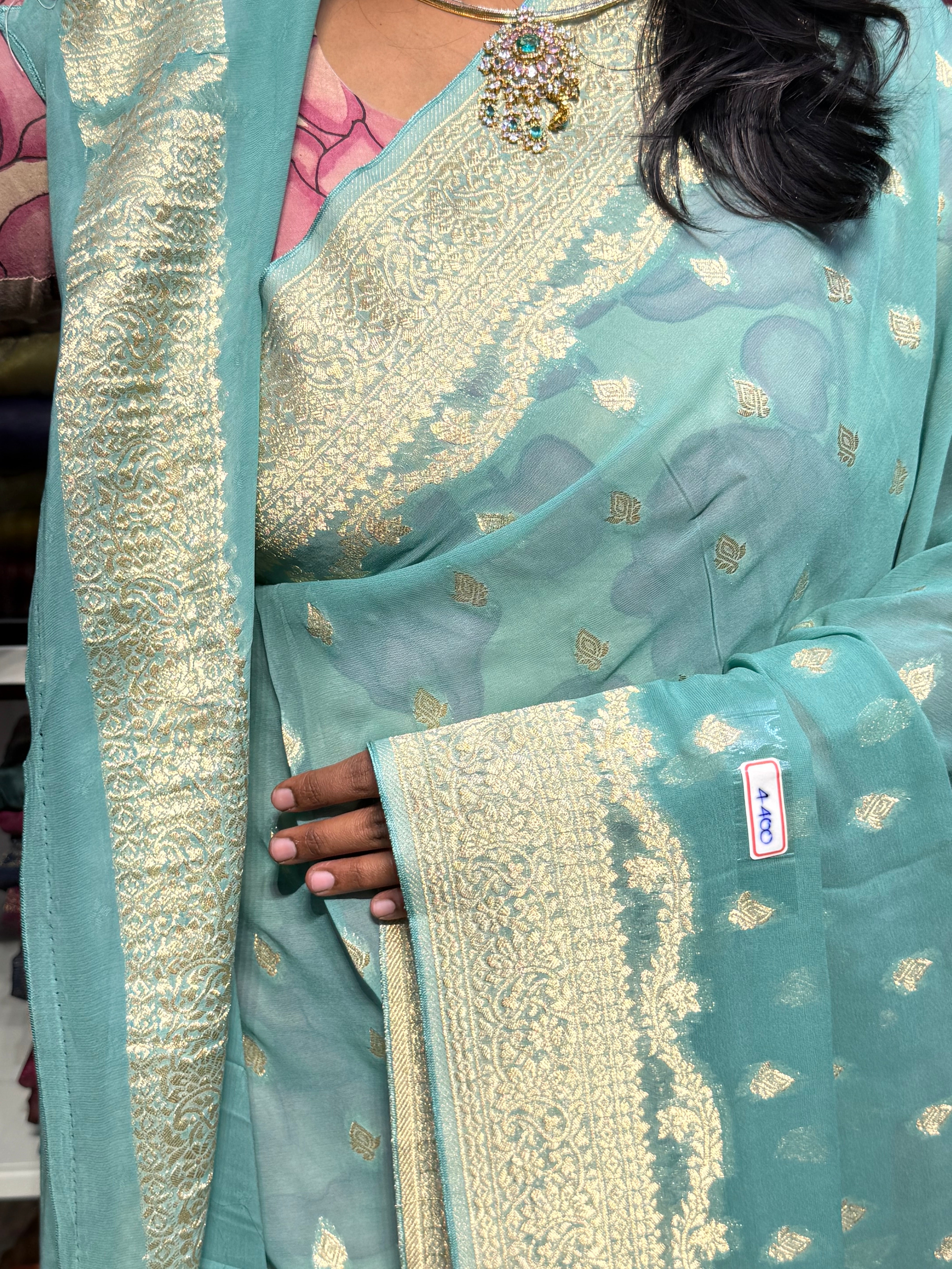 PURE BANARAS KHADDI GEORGETTE : SEA GREEN