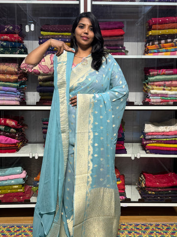 PURE BANARAS KHADDI GEORGETTE : SEA BLUE