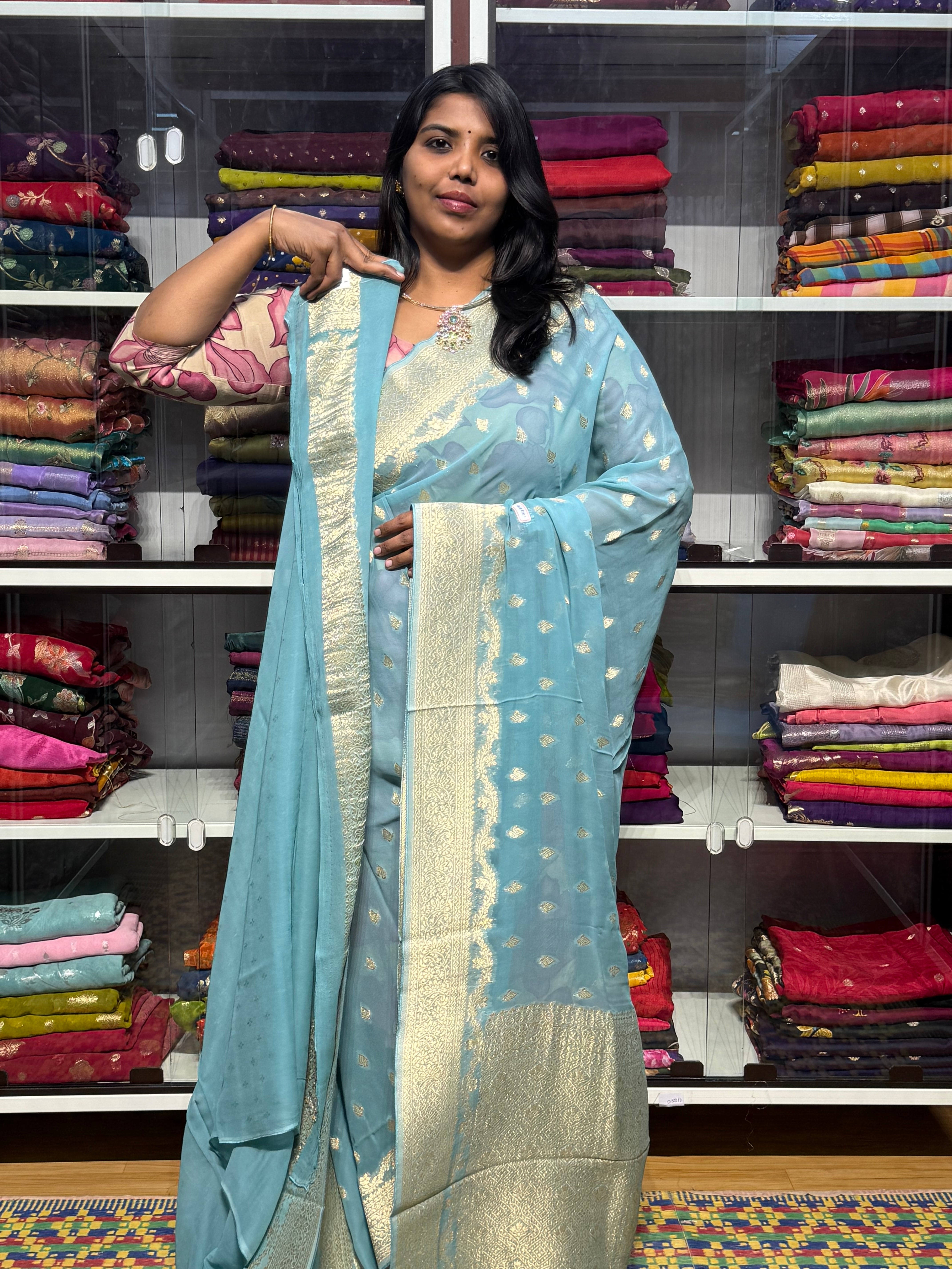 PURE BANARAS KHADDI GEORGETTE : SEA BLUE
