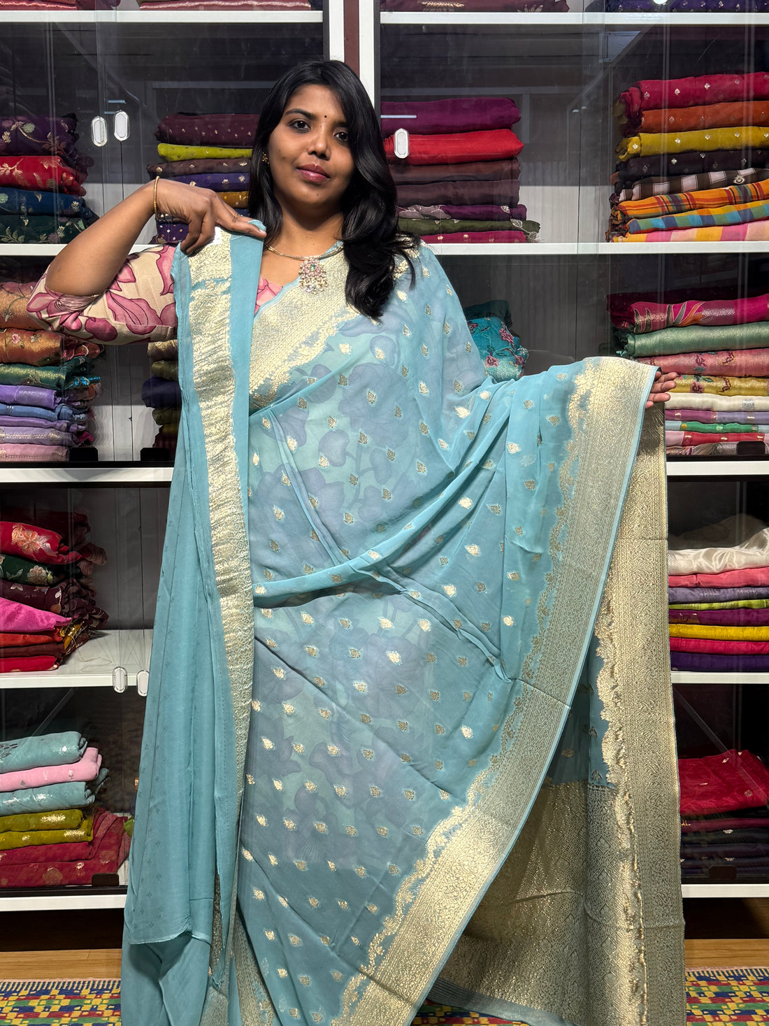 PURE BANARAS KHADDI GEORGETTE : SEA BLUE
