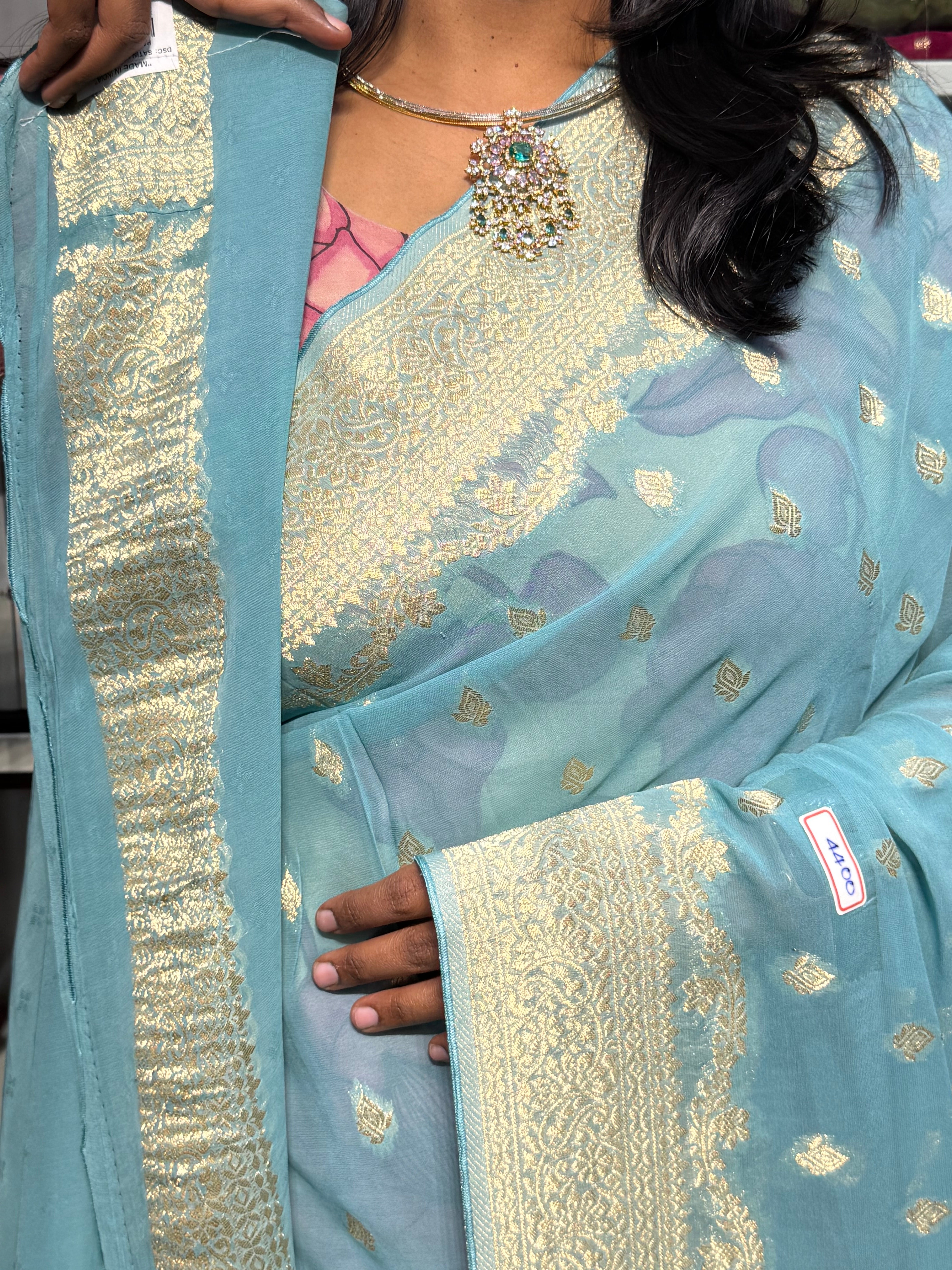 PURE BANARAS KHADDI GEORGETTE : SEA BLUE