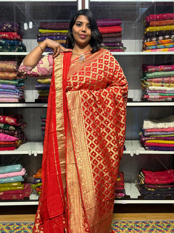 PURE BANARAS KHADDI GEORGETTE WITH JAAL PATTERN : RED