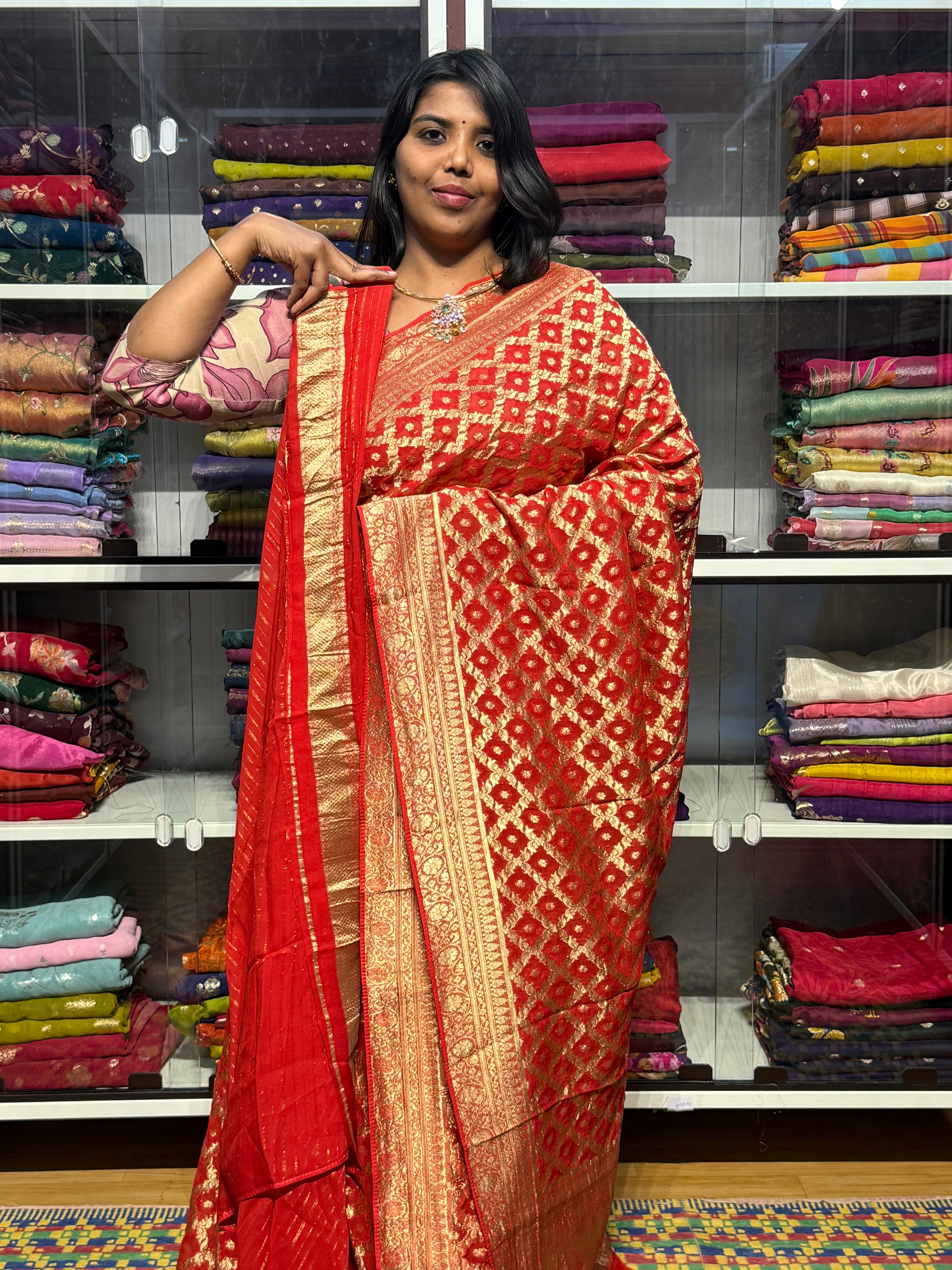 PURE BANARAS KHADDI GEORGETTE WITH JAAL PATTERN : RED