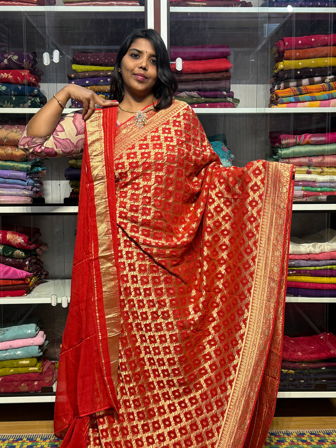 PURE BANARAS KHADDI GEORGETTE WITH JAAL PATTERN : RED